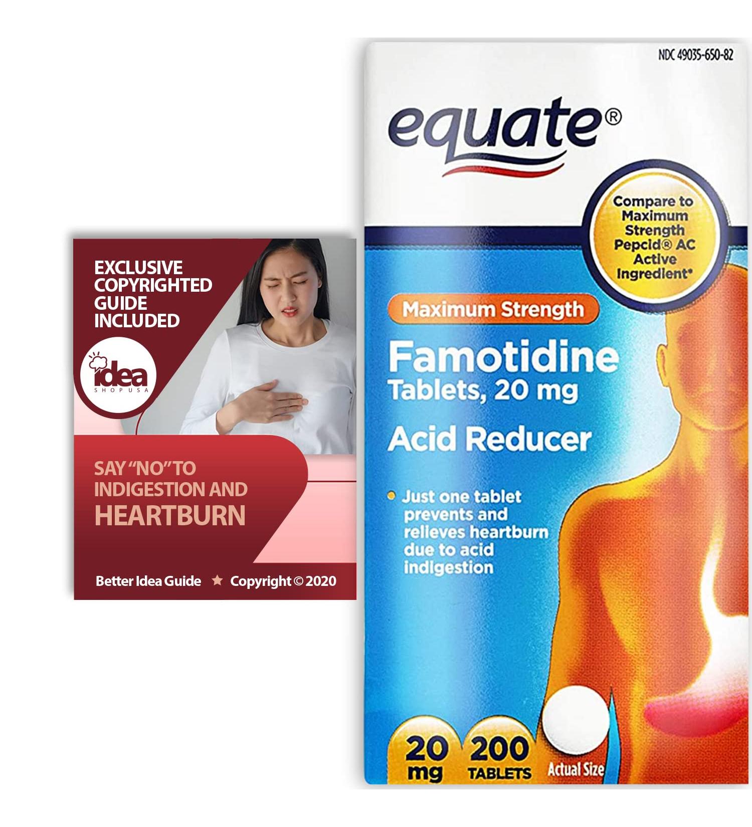 Equate Famotidine 20mg Tablets - 200 Ct Maximum Strength Acid Reducer for Heartburn Relief - Say NO to Indigestion and Heartburn - Better Idea Guide Included - Buy Online on GoSupps.com