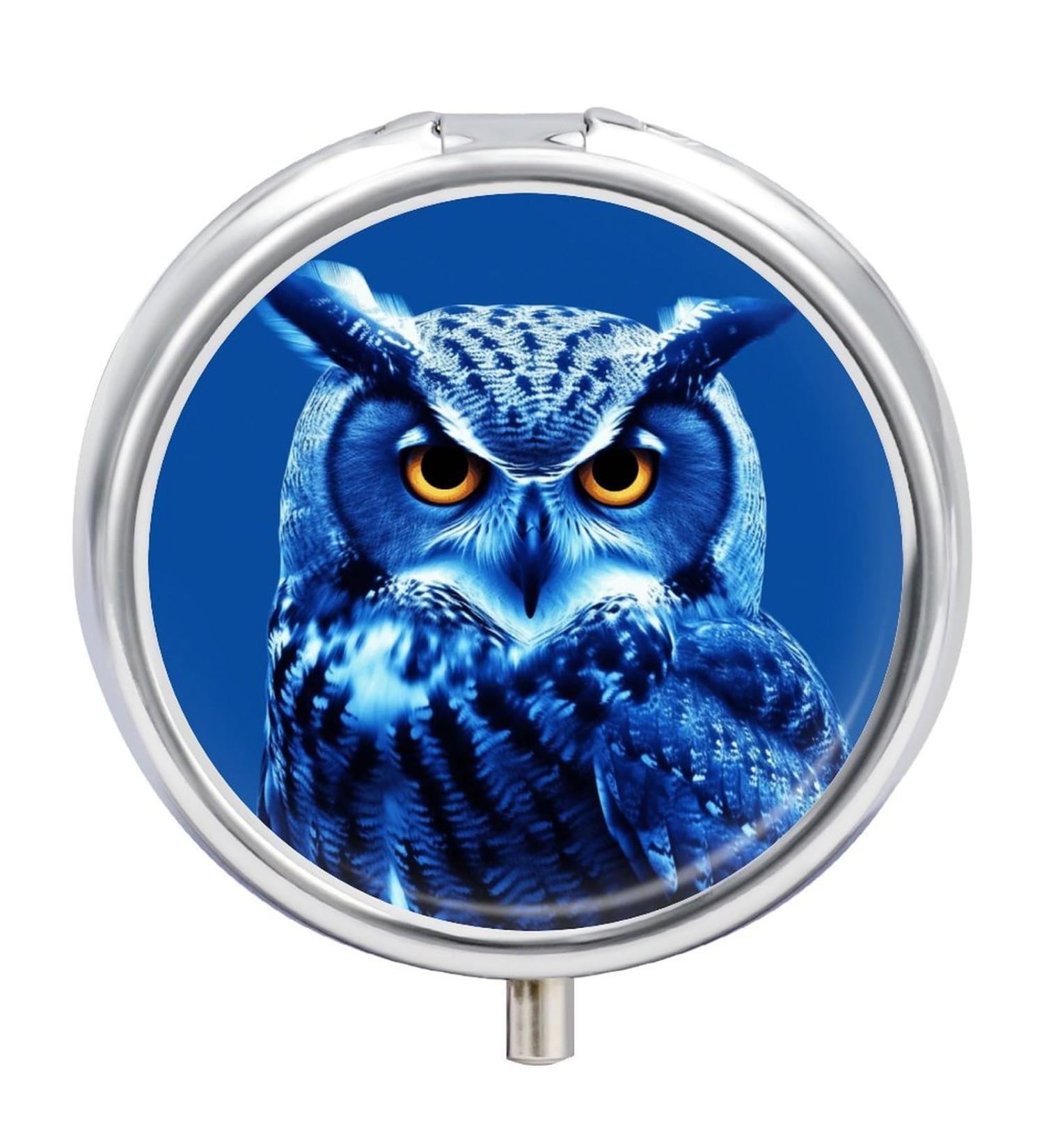 Round Blue Owl Print Pill Box | 3 Compartment Portable Pill Organizer | Decorative Metal Pocket Medication Case - Buy Online on GoSupps.com