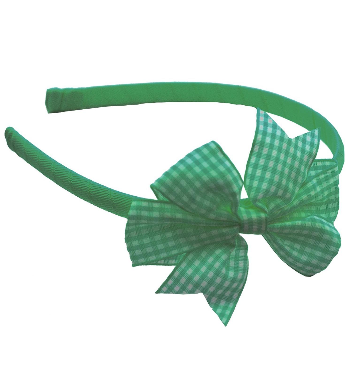 Hair Band Alice Head Band with Gingham Flat Bow School Uniform Accessories (Green & White)
