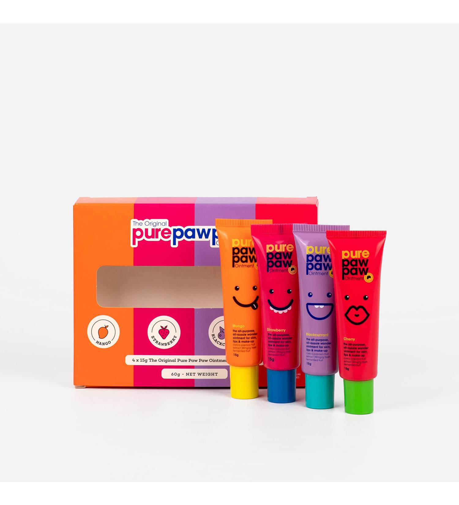 Pure Paw Paw Ointment Pure Paw Paw Original All Purpose Australian Ointment Set Soothes and Soothes All Skin Types and Makeup Strawberry Cherry Mango Blackcurrant Quad Pack 15g - Buy Online on GoSupps.com