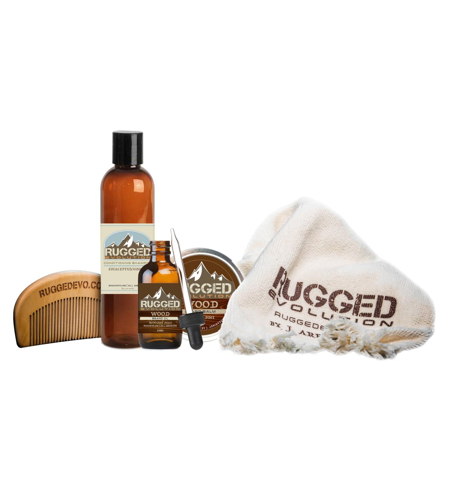 Wood (Pine/Cedarwood) - Medium Strength Premium Beard Care Combo Weekender - Facial Hair Care Balm Beard Oil & Shampoo - Grooming Towel & Comb (5 Piece)