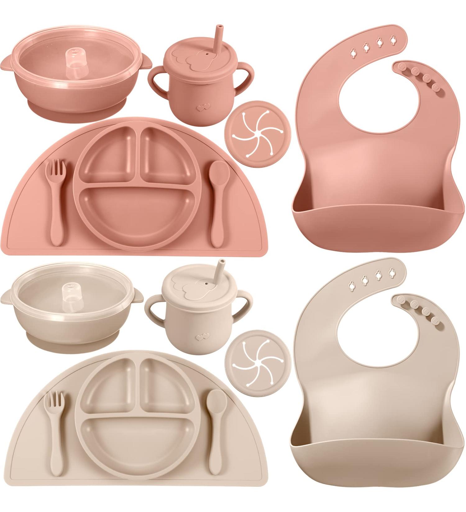 16 Pack Baby Feeding Set | Silicone Suction Plates, Bowls, Bibs, Utensils, Snack Cups | Toddler Eating Utensil Set | Beige Orange - Buy Online on GoSupps.com