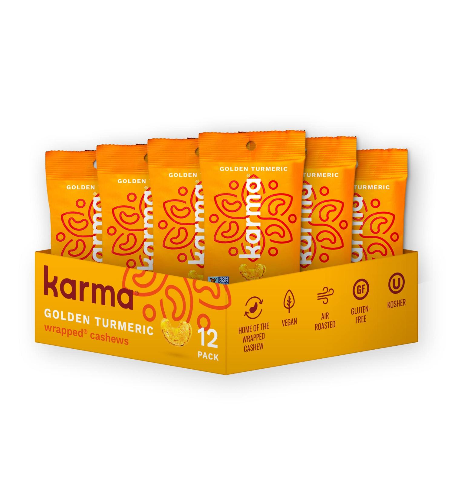Karma Nuts Golden Turmeric Cashews with Skin - Whole Roasted, Vegan, Gluten Free, Low Net Carb, Natural Nut Snack - 1.5 Ounce (12 Pack) - Buy Online on GoSupps.com