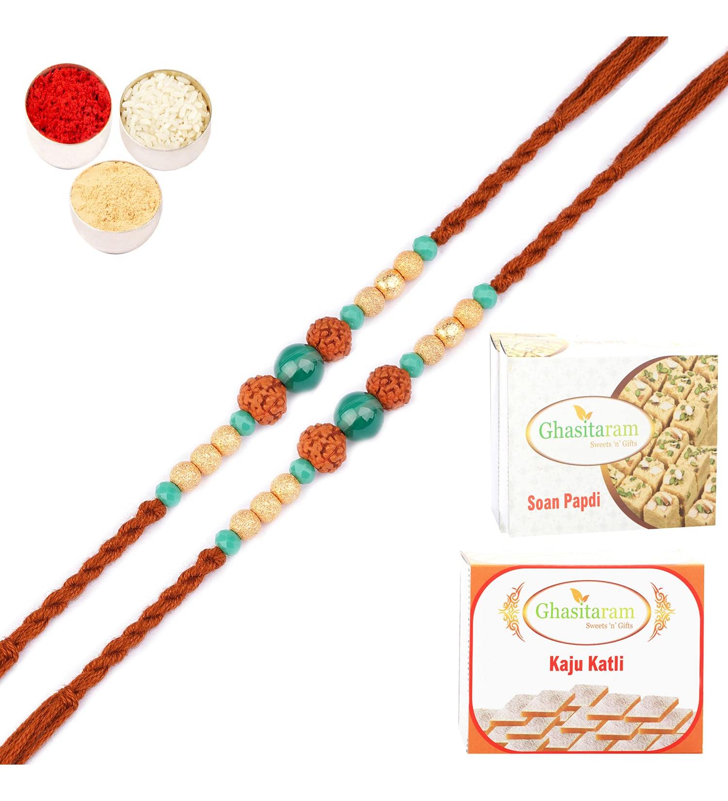Ghasitaram Gifts Rakhi for Brother Rakhis Online - Set of 2-1891- Rudraksh Rakhi with 200 GMS of Kaju katli and 200 GMS of Soan Papdi - Buy Online on GoSupps.com