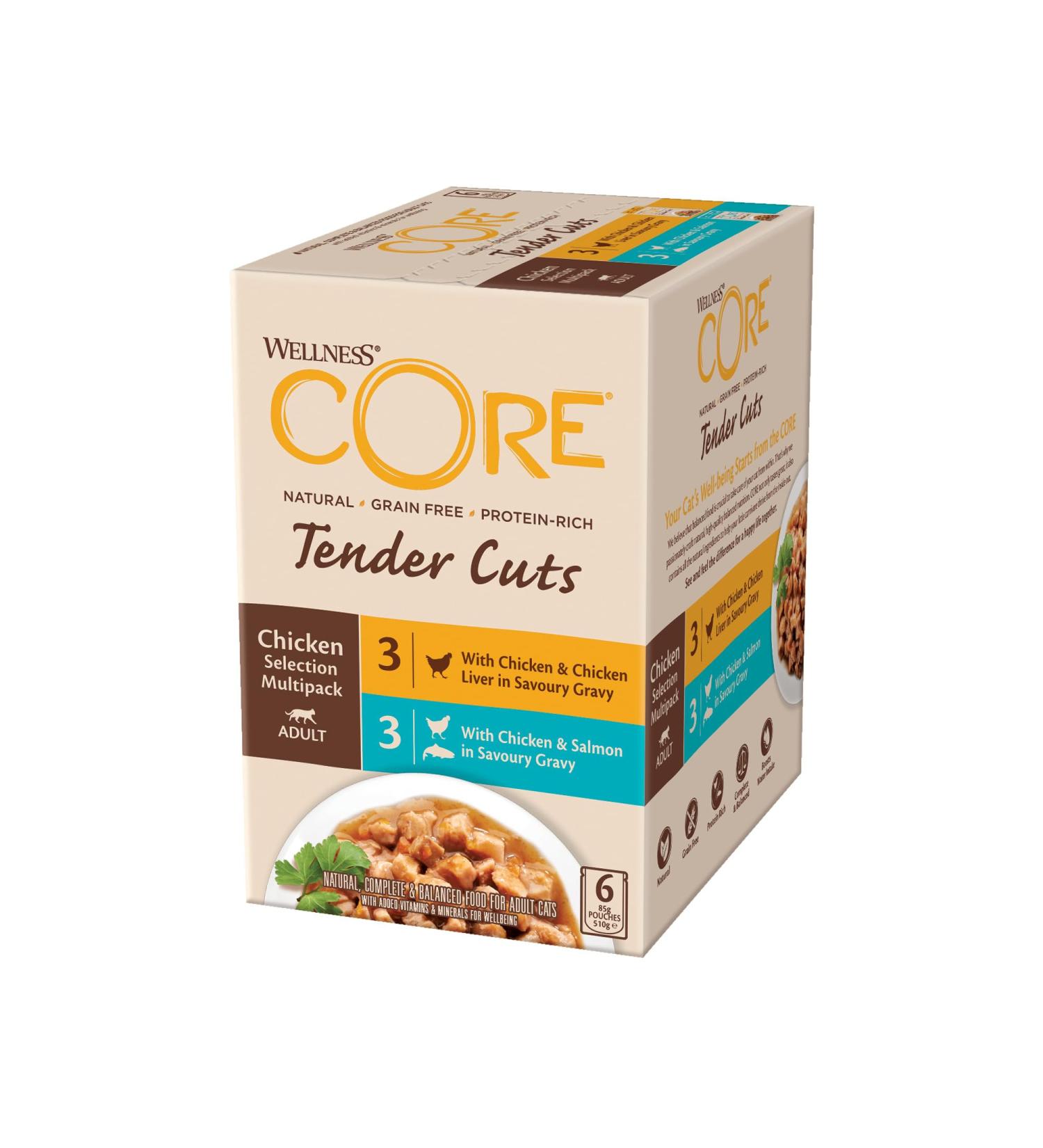 Wellness CORE Tender Cuts Cat Food in Sauce - Grain-Free High Meat Content Chicken Selection Mix (6 x 85g) - Premium Wet Cat Food for Healthy Cats - Buy Online on GoSupps.com