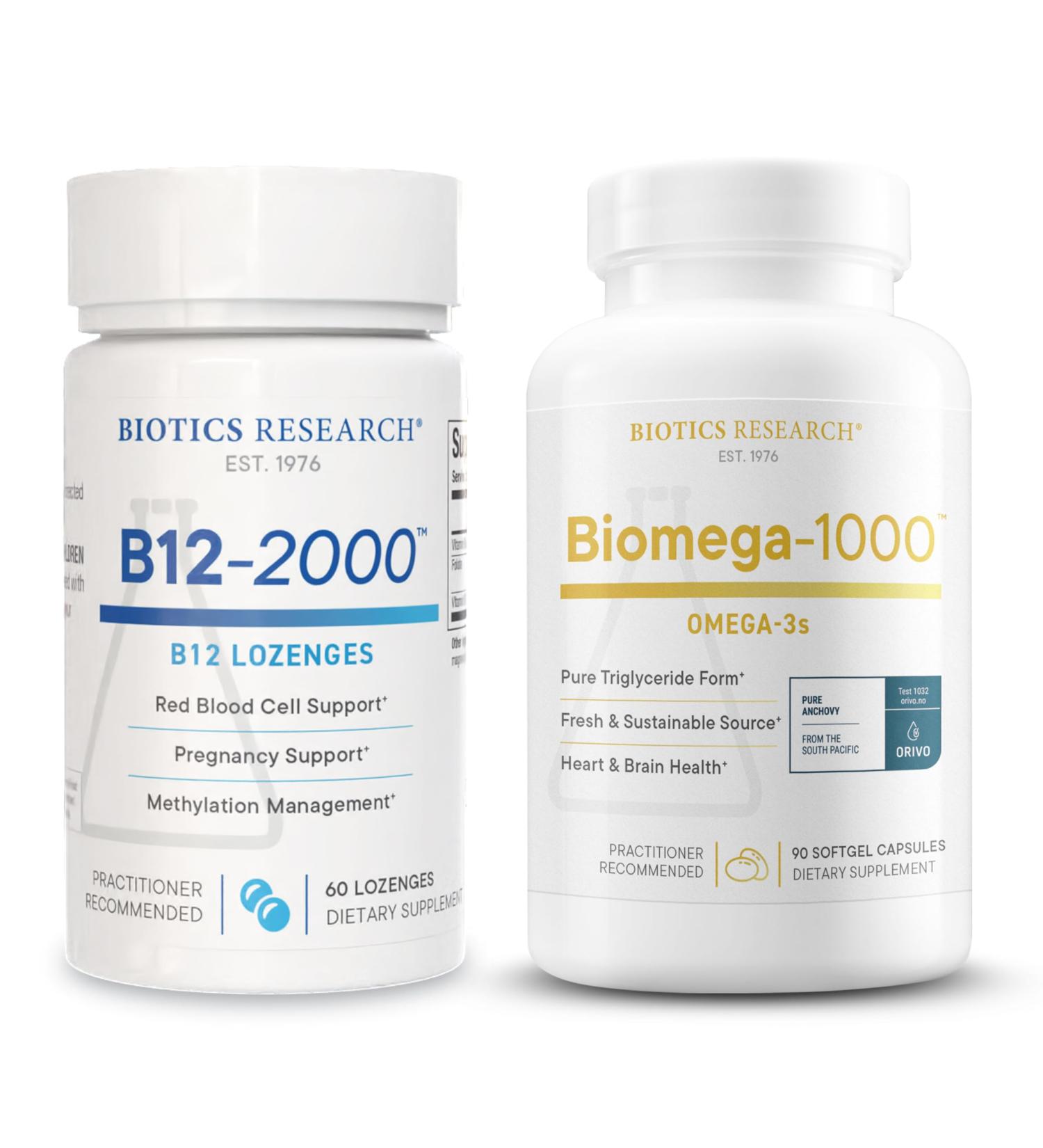 Biotics Research B12-2000 & Biomega-1000 Omega-3s Fish Oil softgels High Potency Vitamin B12 B6 Folate & EPA/DHA Energy Heart Brain Methylation & Immune Support- 60 Lozenges + 90 Softgels - Buy Online on GoSupps.com