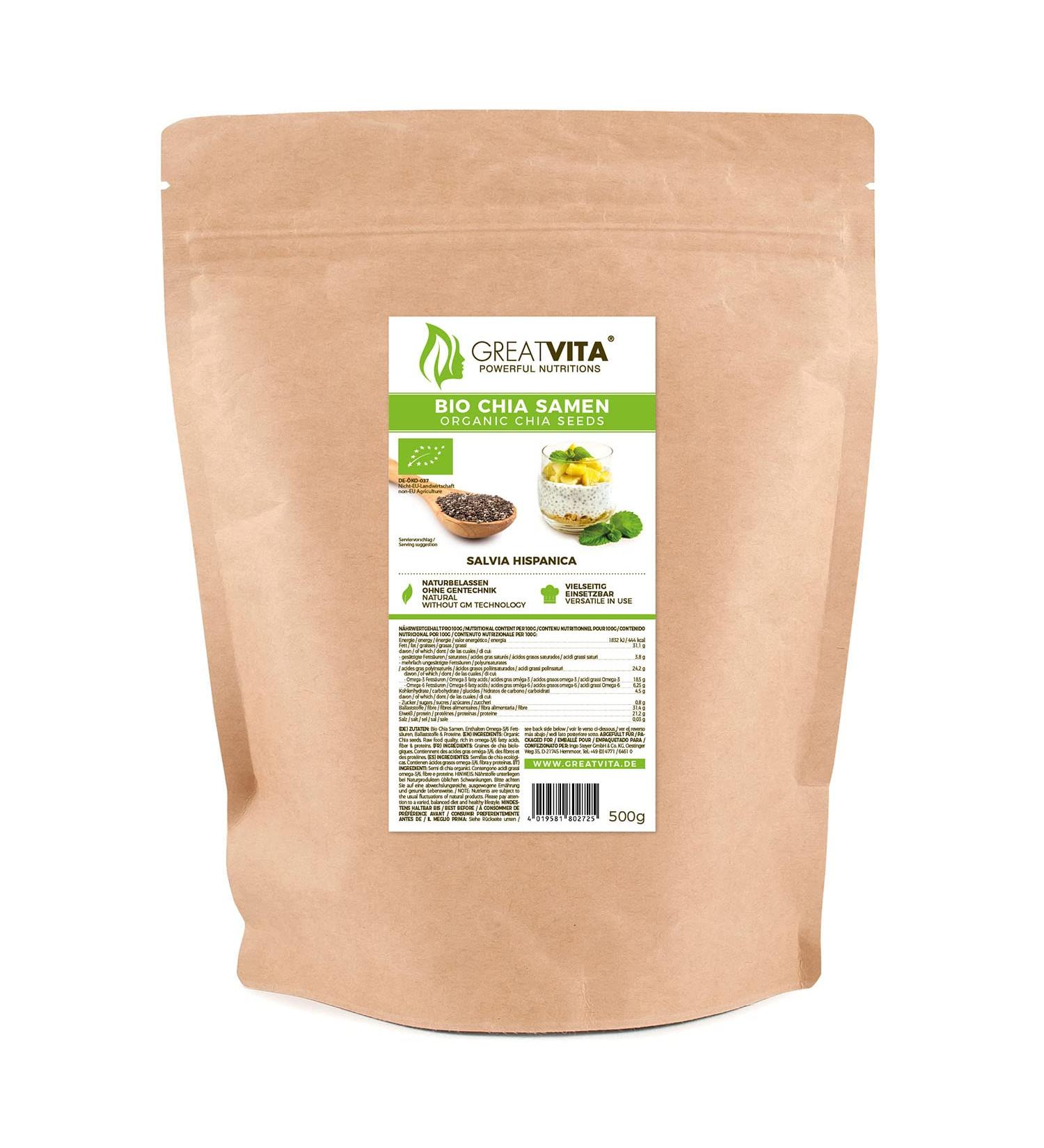 GreatVita Organic Chia Seeds 500g - Non-GMO Natural Superfood for Health & Wellness - International Shipping Available - Buy Online on GoSupps.com