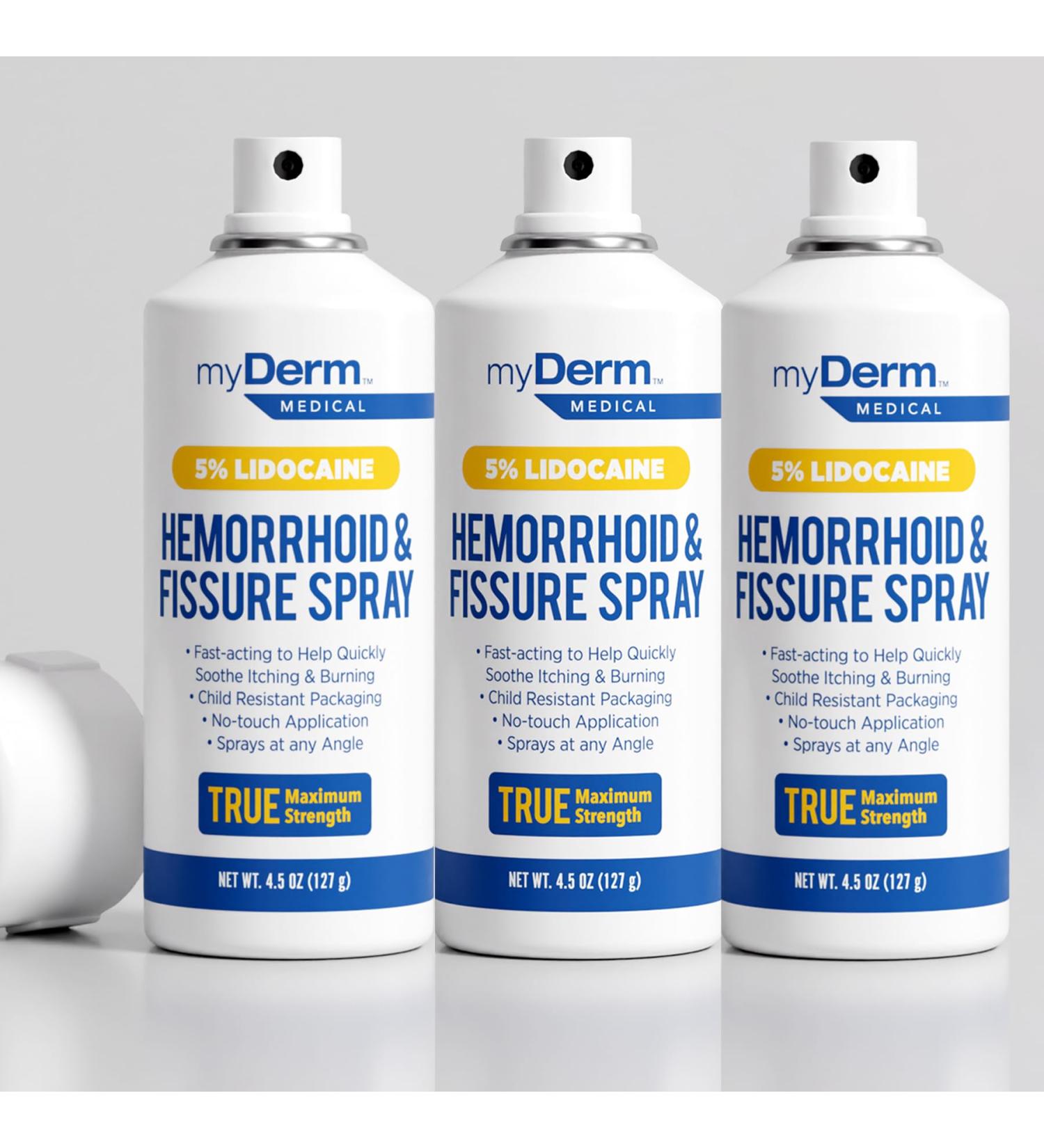 Myderm 3-Pack Medical Soothing Hemorrhoidal & Fissure Spray - 4.5oz - Maximum Strength 5% Lidocaine with Phenylephrine HCl - Fast-Acting Touch-Free Application Lidocaine Spray - Made in USA (3 Pack)