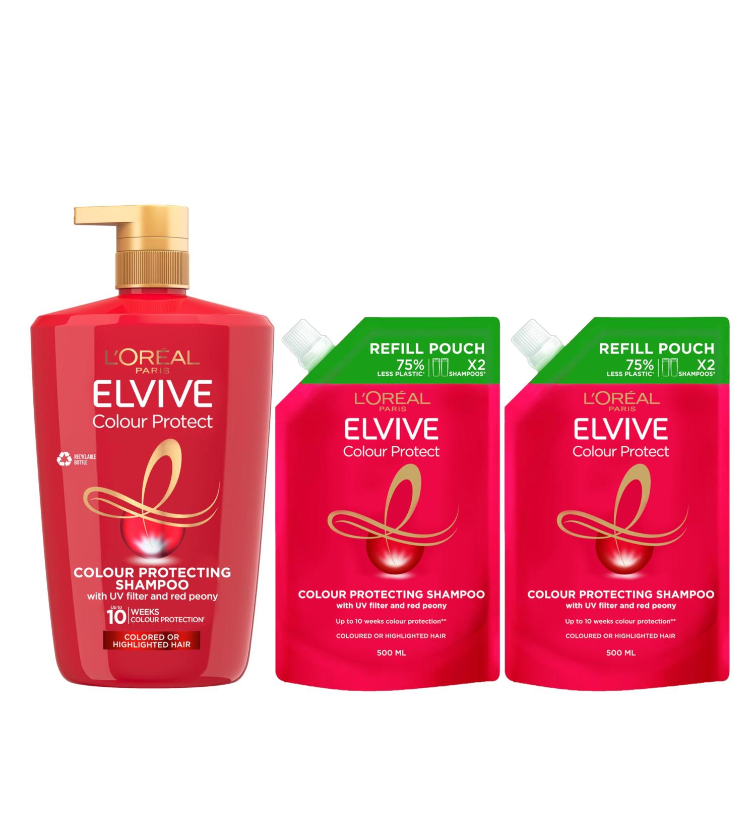 L Or al Paris Elvive Colour Protect Shampoo XL 1L with 2x Refill Pouches 500ml for Coloured Highlighted Hair Prolongs Colour Vibrancy Silicone Free - Buy Online on GoSupps.com