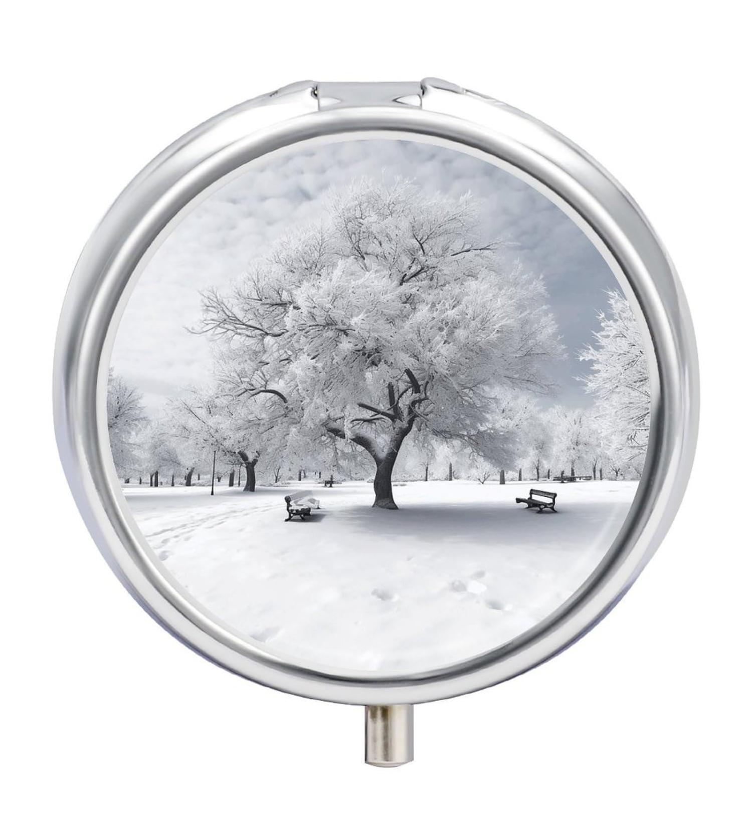 Travel Pill Box Organizer with 3 Compartments - Portable White Snow Tree Design - Ideal for Purse & Pocket - Small Medicine Case for International Shipping - Buy Online on GoSupps.com