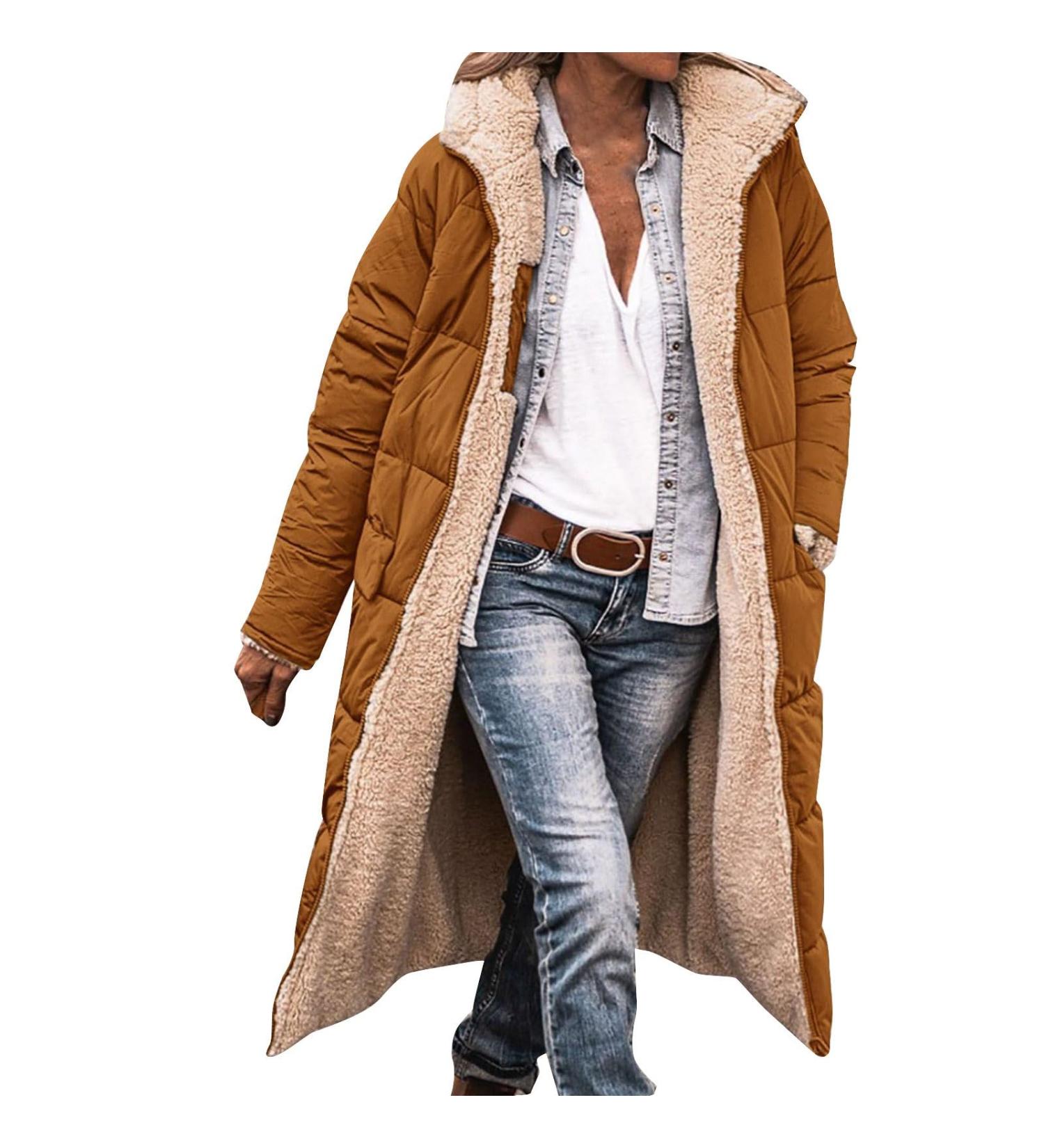 Shop Hanxiulin Oversized Plush Jacket for Women - Warm Lined Fleece Cardigan Hooded Trench Coat Art Fur Winter Coat in Brown - Buy Online on GoSupps.com