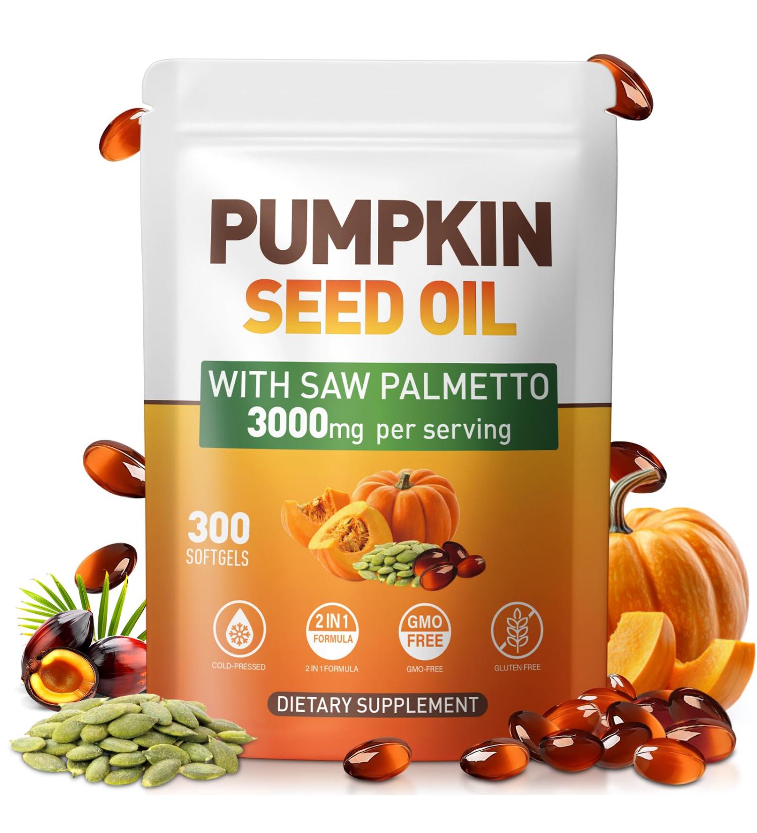 SUOOCH Pumpkin Seed Oil Capsules - Cold Pressed Pure Virgin Oil Essential Fatty Acids and Plant Sterols | 300 Capsules | Supports Hair Urinary Bladder and Prostate Health | Non-GMO - Buy Online on GoSupps.com