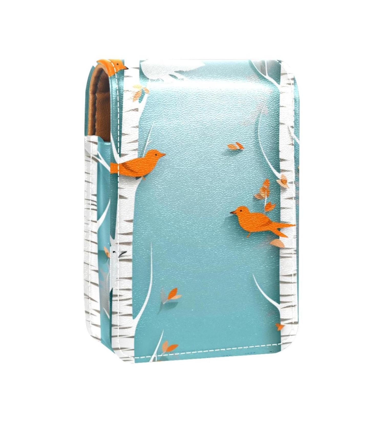 Stylish Leather Lipstick Case with Mirror - Mini Lip Gloss Organizer | Bird in the Forest Design - Buy Online on GoSupps.com