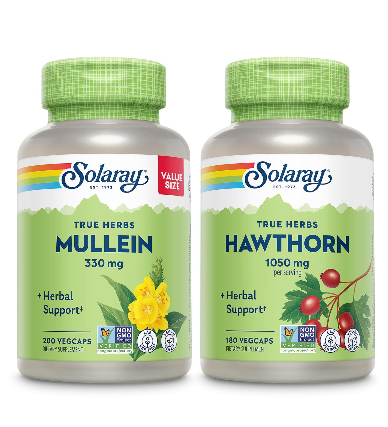 SOLARAY Mullein Leaf 330 mg and Hawthorn Berry Capsules 1050 mg - Soothing Herbal Support Bundle for Overall Health and Wellness - Vegan Non-GMO 60-Day Guarantee Lab Verified 200/180 VegCaps - Buy Online on GoSupps.com