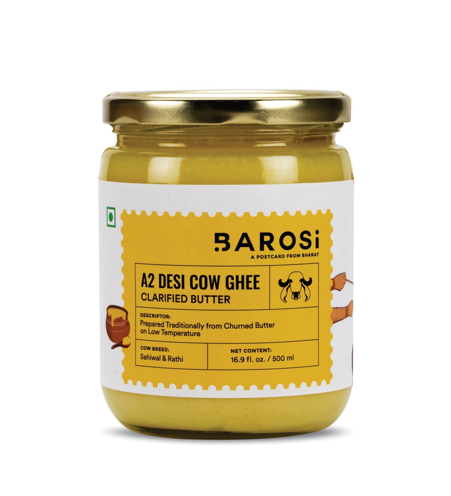 Barosi A2 Cow Ghee 17oz - Grass Fed Clarified Butter - Handcrafted & Pure - Sustainable Glass Packaging - Buy Online on GoSupps.com