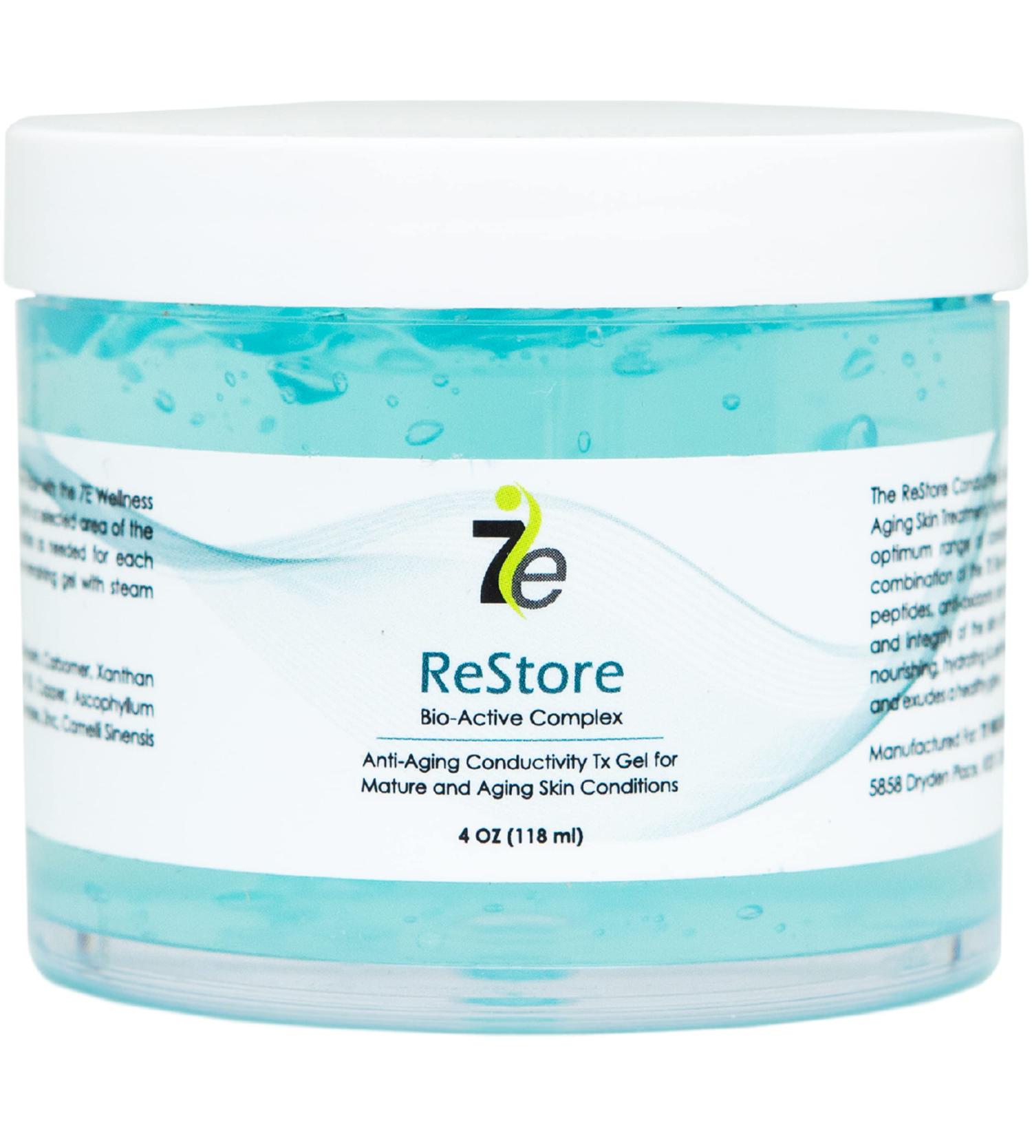 7E Wellness ReStore 4oz Conductive Gel with Bio-Active Complex - Green Tea, Hyaluronic Acid, Collagen Peptides - Anti-Aging & Skin Tightening - Buy Online on GoSupps.com