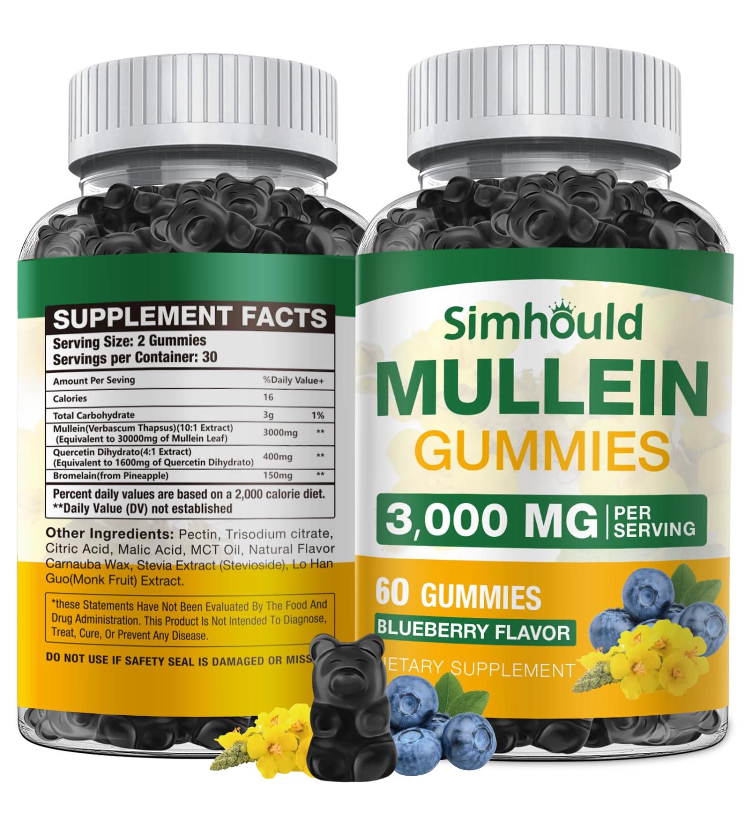 Simhould 1 Pack Sugar Free 3000MG Mullein Gummies - Lung Cleanse Mullein Leaf Extract Supplement for Respiratory Organic Mullein Drops with Quercetin & Bromelain for Lung Digestive Health & Immune - Buy Online on GoSupps.com