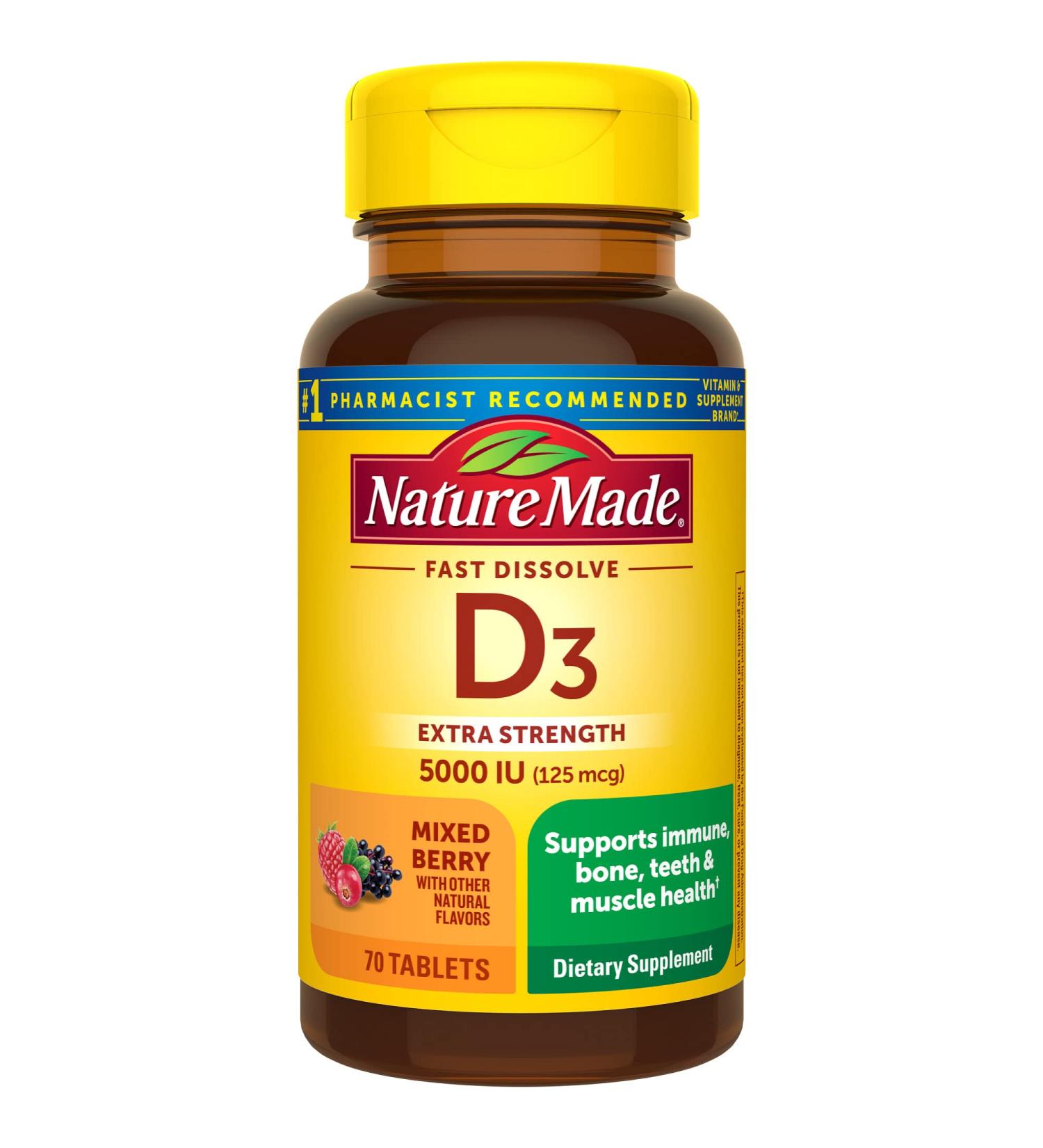 Nature Made Extra Strength Vitamin D3 5000 IU | Bone, Teeth, Muscle, Immune Health Support | 70 Sugar-Free Fast Dissolve Tablets - Buy Online on GoSupps.com