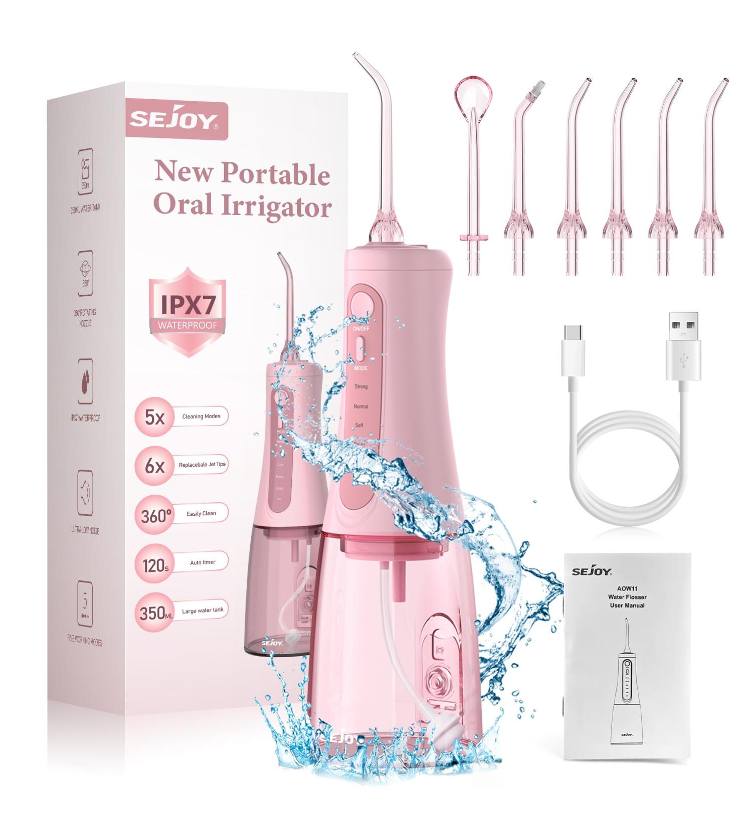 Water Dental Picks - Electric Cordless Water Flosser for Kids, Braces, Travel - 5 Modes, IPX7 Waterproof, 8 Jet Tips - Pink - Buy Online on GoSupps.com