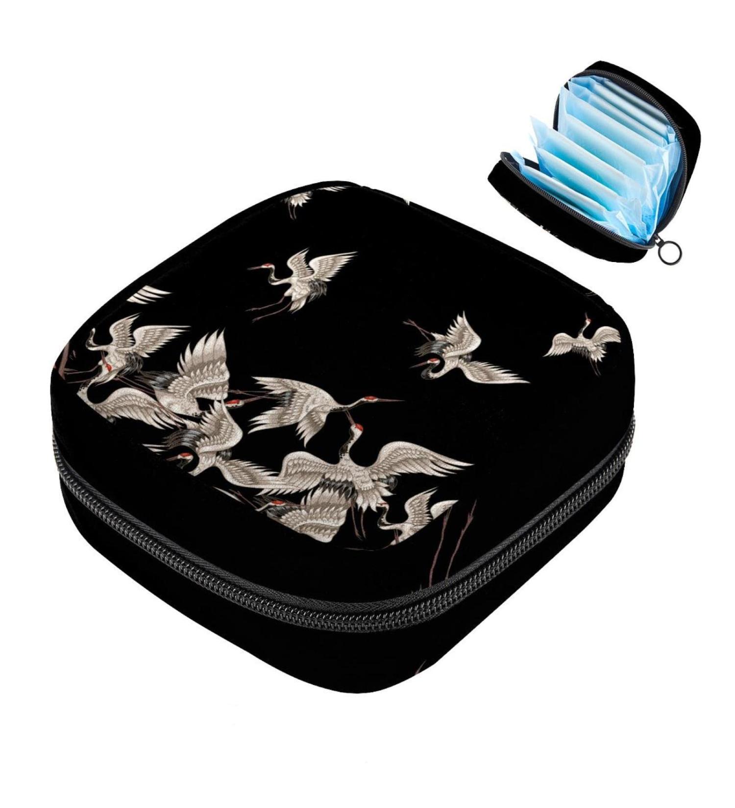 Menstruation Pad Bag Zip - Stylish Tampon Collecting Bags for Women & Girls - Japanese White Cranes Design - Buy Online on GoSupps.com
