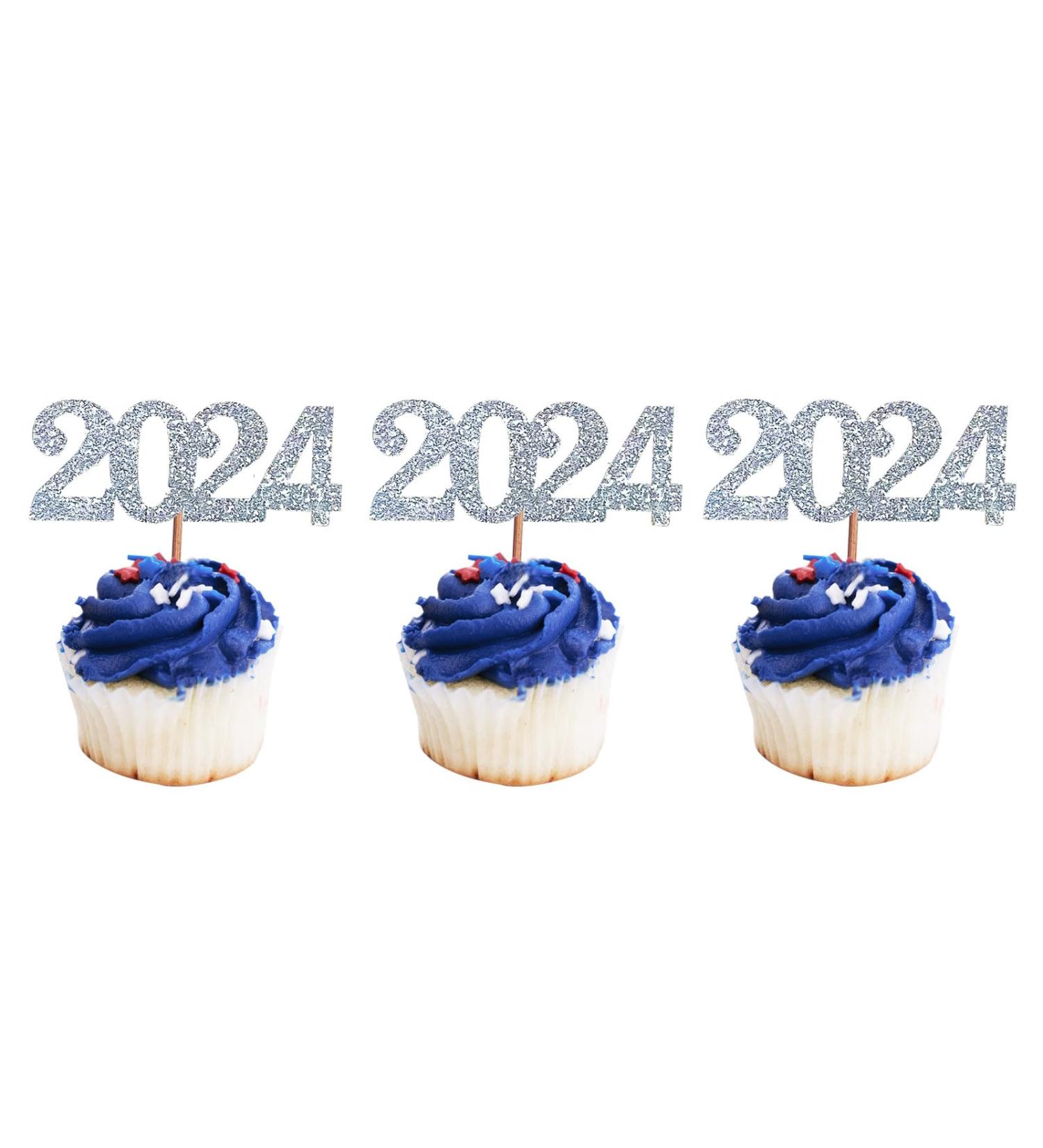 24 Pack 2024 Cupcake Toppers Glitter 2023 Food Cake Picks Decoration for New Year Birthday Wedding Graduation Party Dessert Decoration (Silver) - Buy Online on GoSupps.com