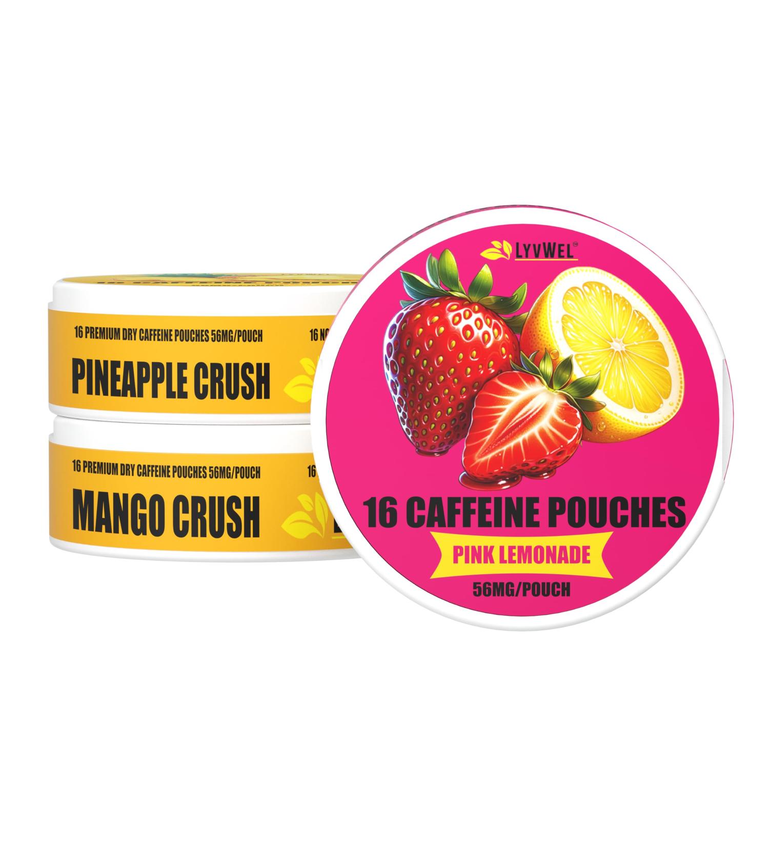 3-Pack Sampler: 16 per Can 56mg Caffeine Energy Pouches Upper Decky (Pink Lemonade Pinapple Crush Mango Crush)