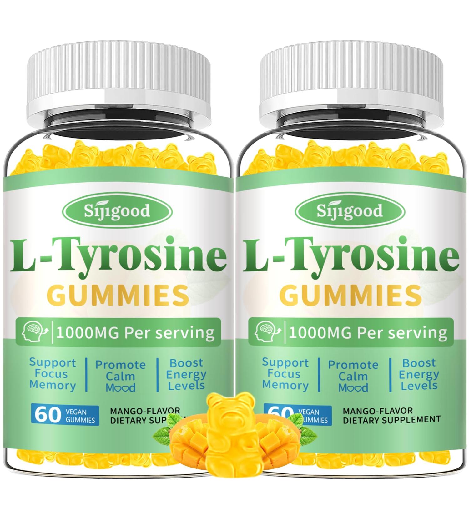 L-Tyrosine Gummies for Adults and Kids - 1000mg L-Tyrosine Supplement Focus Gummies for Brain, Mood, Energy Support, Vegan & Gluten-Free, Mango Flavor, 120 Count 60 Count (Pack of 2) - Buy Online on GoSupps.com