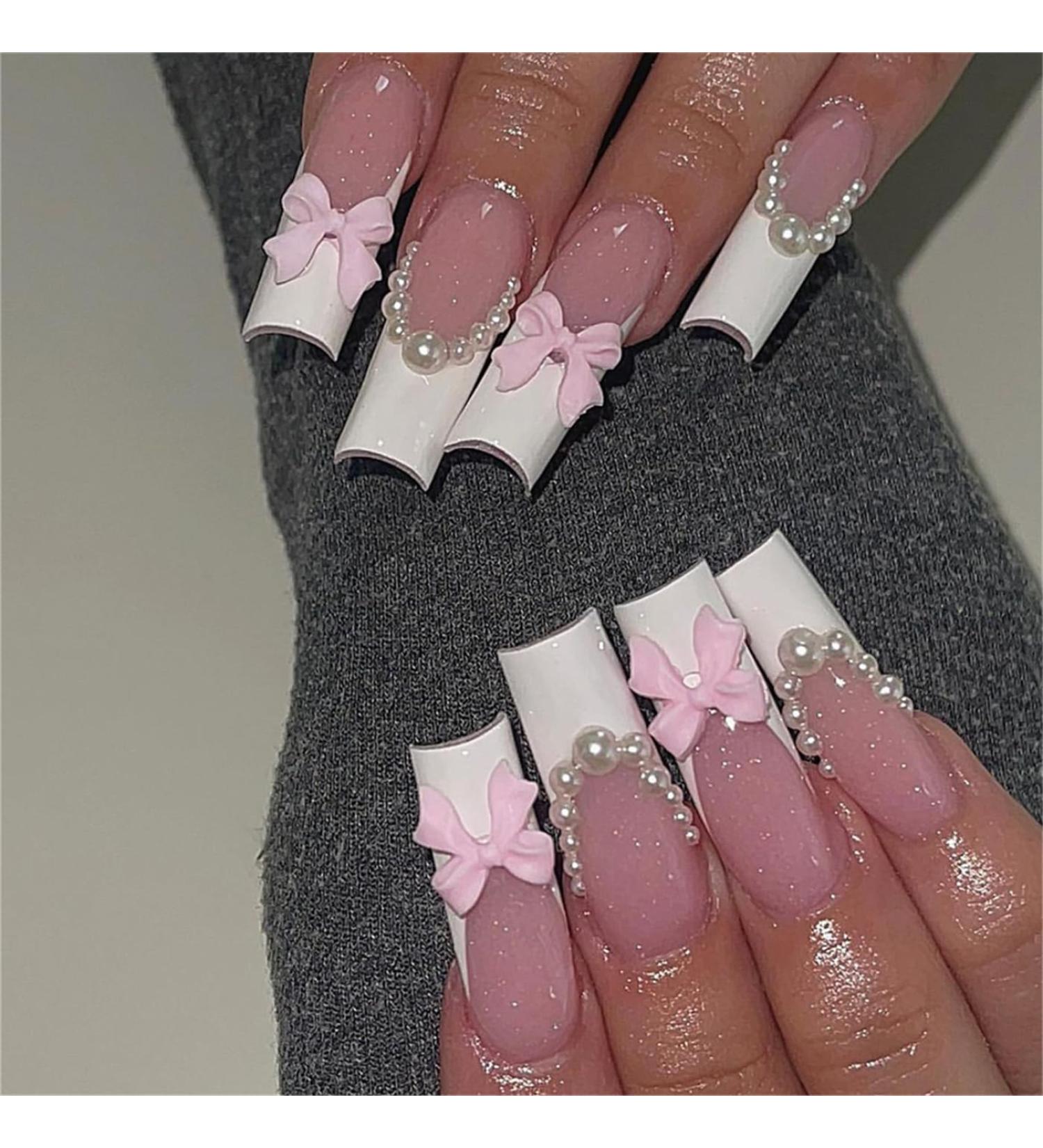 CRAZYNEKOS Soild Pearl Fake Nail Square Long Press on Nails White French Tips Nail Art Decoration for Women and Girls Manicure 24pc - Buy Online on GoSupps.com