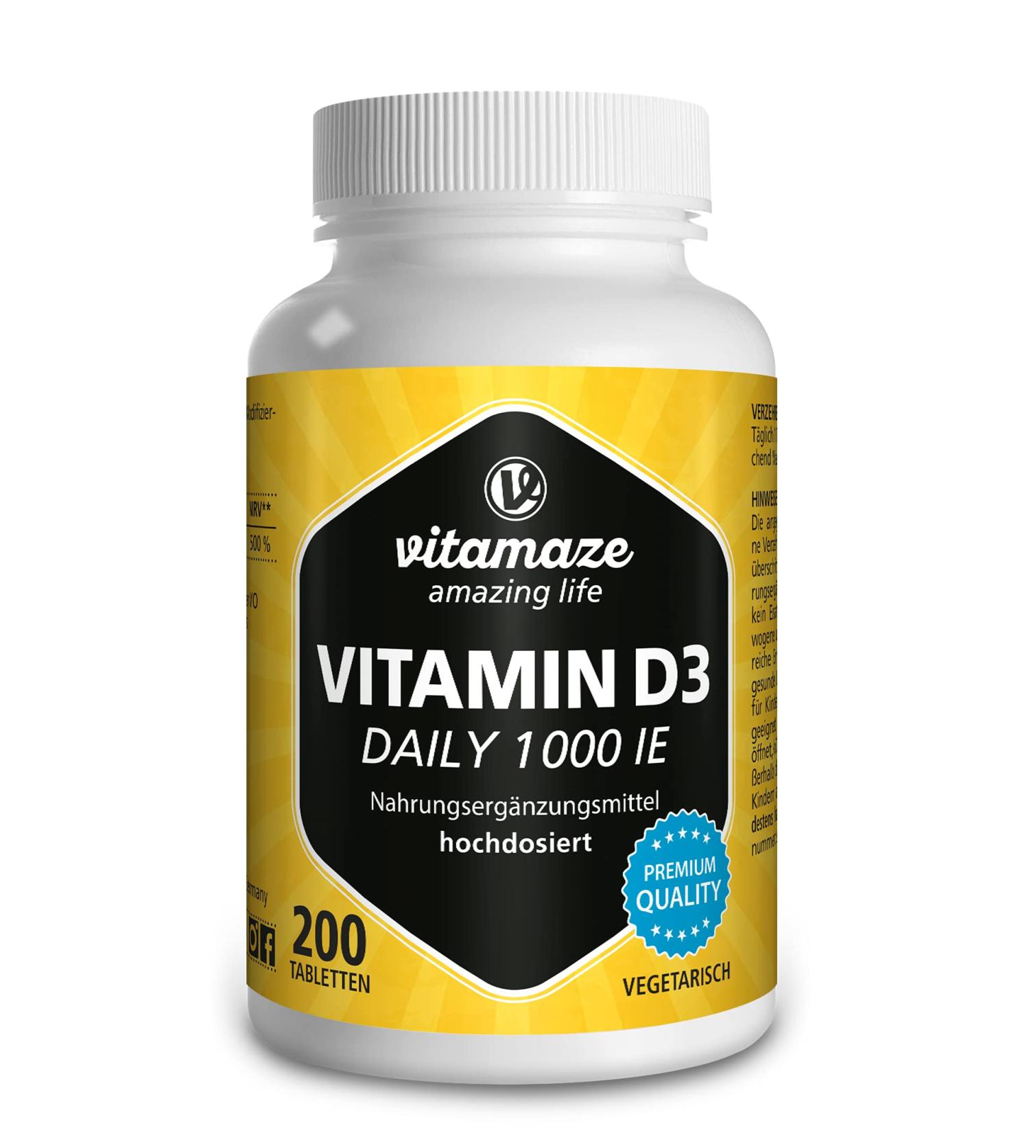 Vitamin D3 1000 IE - Vegetarian Cholecalciferol Supplement | 200 Tablets | Natural & Pure | Made in Germany - Buy Online on GoSupps.com