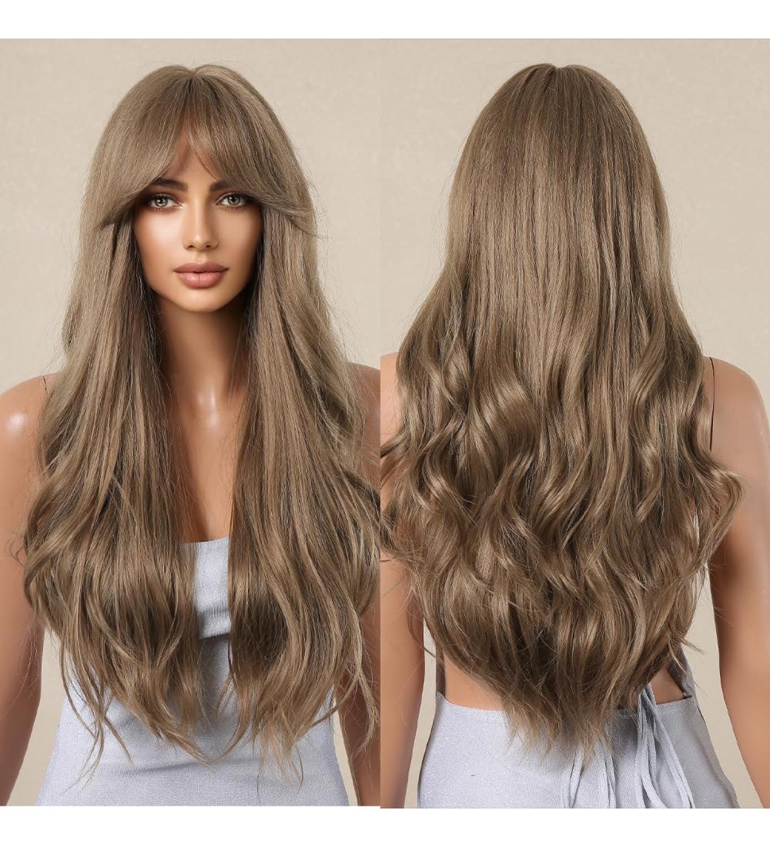 WOKESTAR Long Light Brown Synthetic Hair Wig with Curtain Fringe for Women - Buy Online on GoSupps.com