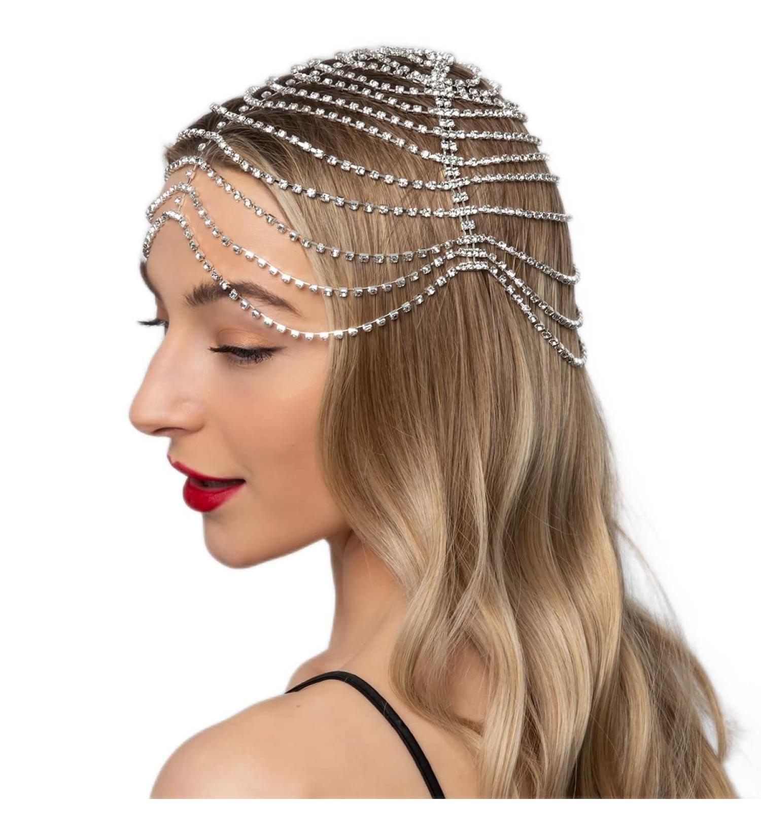 STONEFANS Rhinestone flapper Headpiece Cap for Women Girls Silver Crystal Head Chain Bridal Art Deco Party Hair Accessories - Buy Online on GoSupps.com