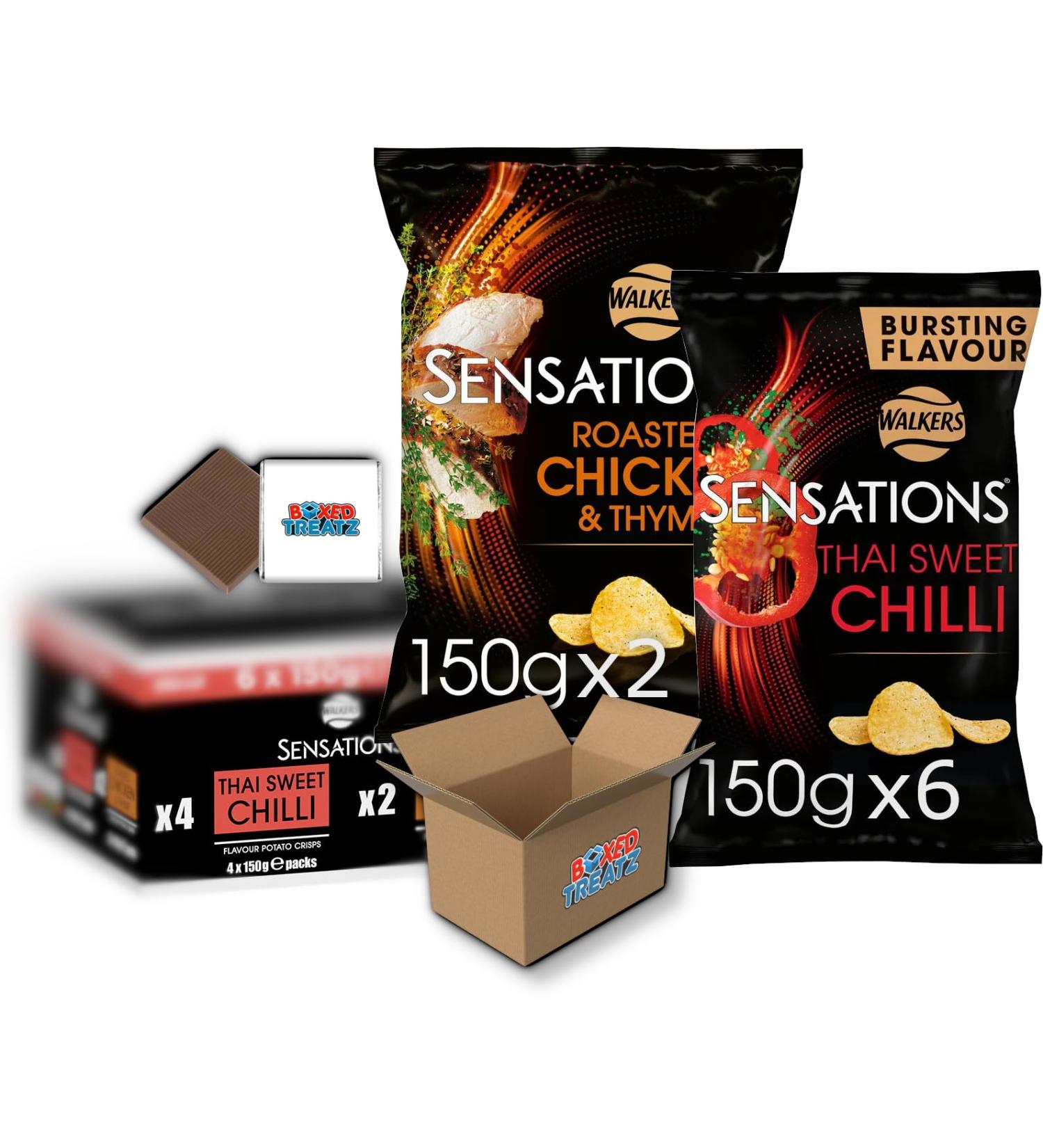 4X Walkers Sensations Thai Sweet Chilli Crisps & 2X Sensations Roast Chicken & Thyme Thick Cut Premium Potato Crisps Sharing Bag (Total: 6x150g) Boxed Treatz - Buy Online on GoSupps.com