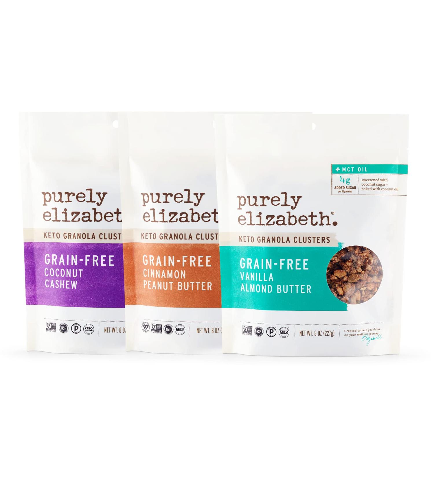 Purely Elizabeth Keto Granola Variety Pack - Gluten-Free, Non-GMO, MCT Oil - 8oz (Pack of 3) (Vanilla Almond Butter, Cinnamon Peanut Butter, Coconut Cashew) - Buy Online on GoSupps.com