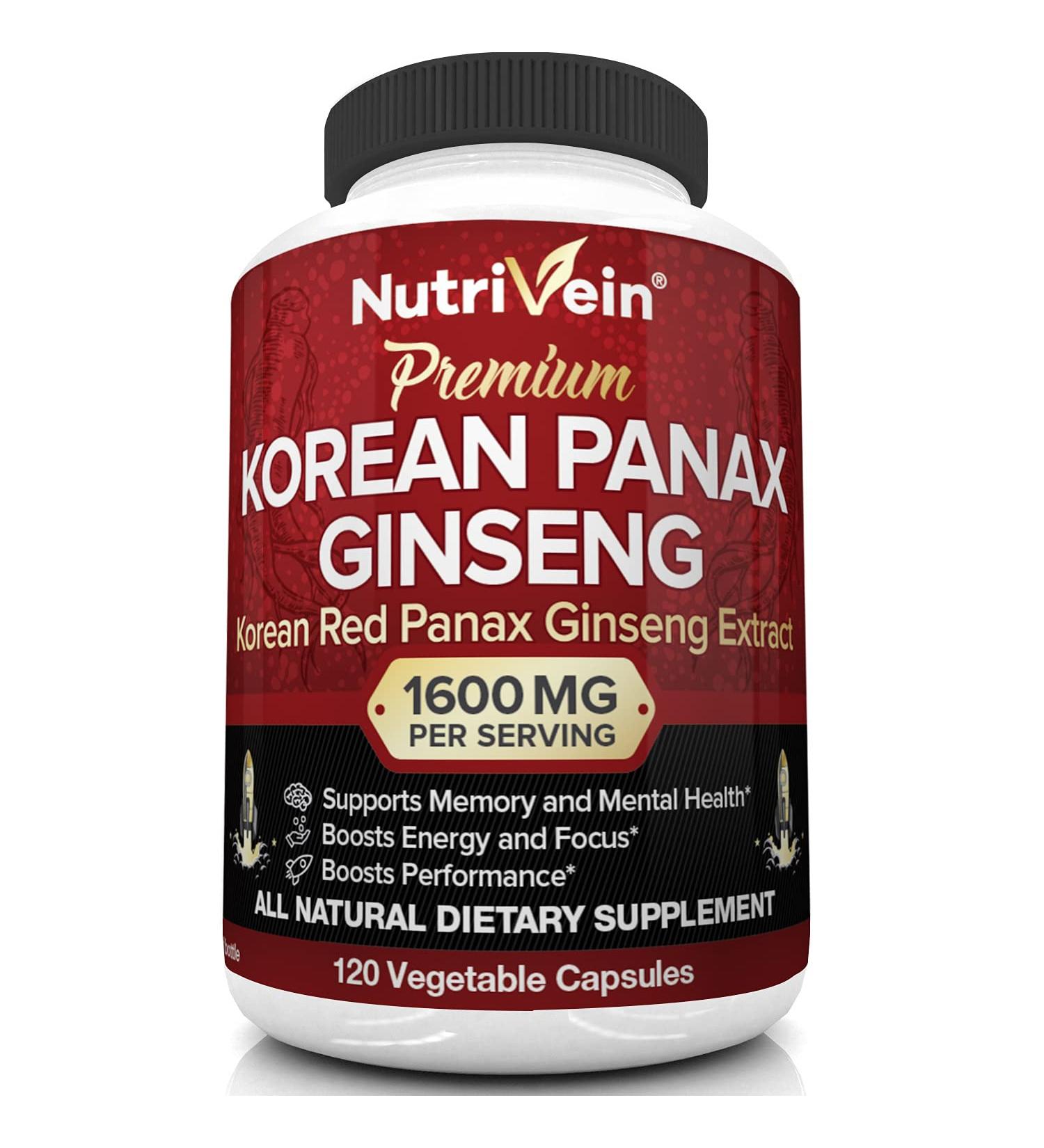 Nutrivein Korean Red Panax Ginseng 1600mg - 120 Vegan Capsules - High Strength, 5% Ginsenosides - Energy, Potency, Strength, Vigor and Focus Supplement - Buy Online on GoSupps.com