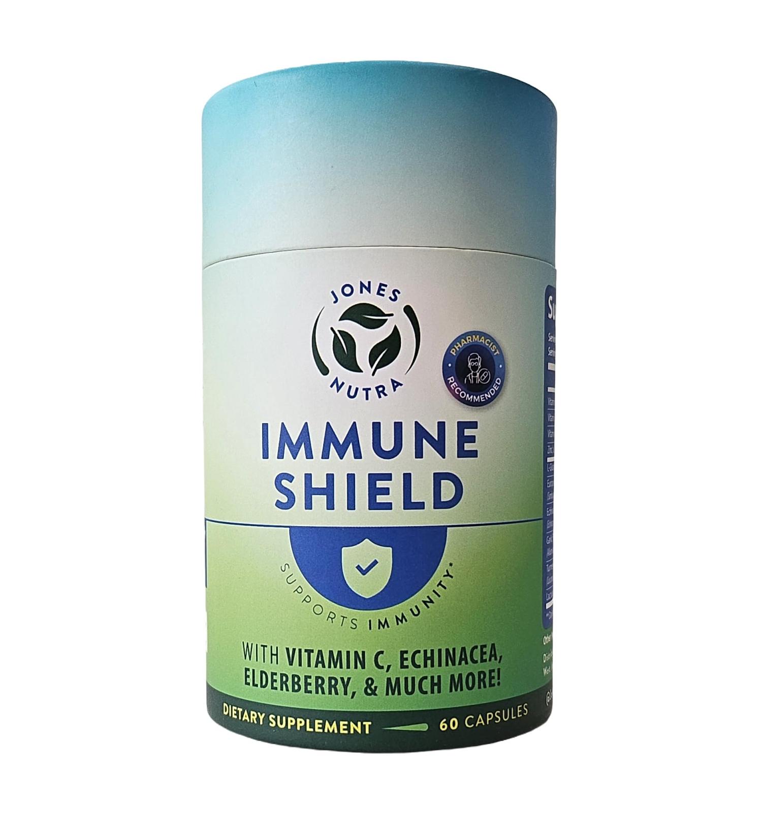 Jones Nutra Immune Shield Daily Nutrient & Botanical Blend with Vitamin C, Zinc, B6, Elderberry, Echinacea, Probiotic 30-Day Supply - Buy Online on GoSupps.com
