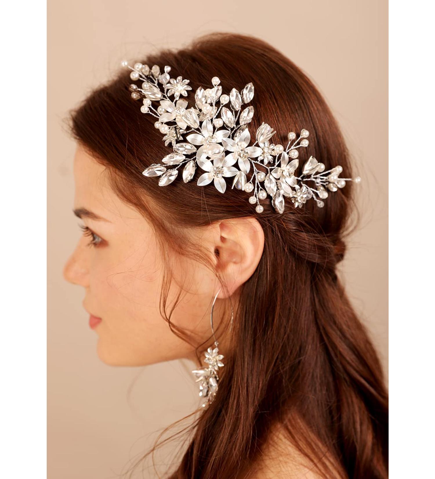Deniferymakeup Bridal Rhinestone Hair Vine Silver Flower Headband Pearl Wedding Hair Vine Bridal Hair Piece Headpiece Prom Hair Accessory (Style 2) - Buy Online on GoSupps.com