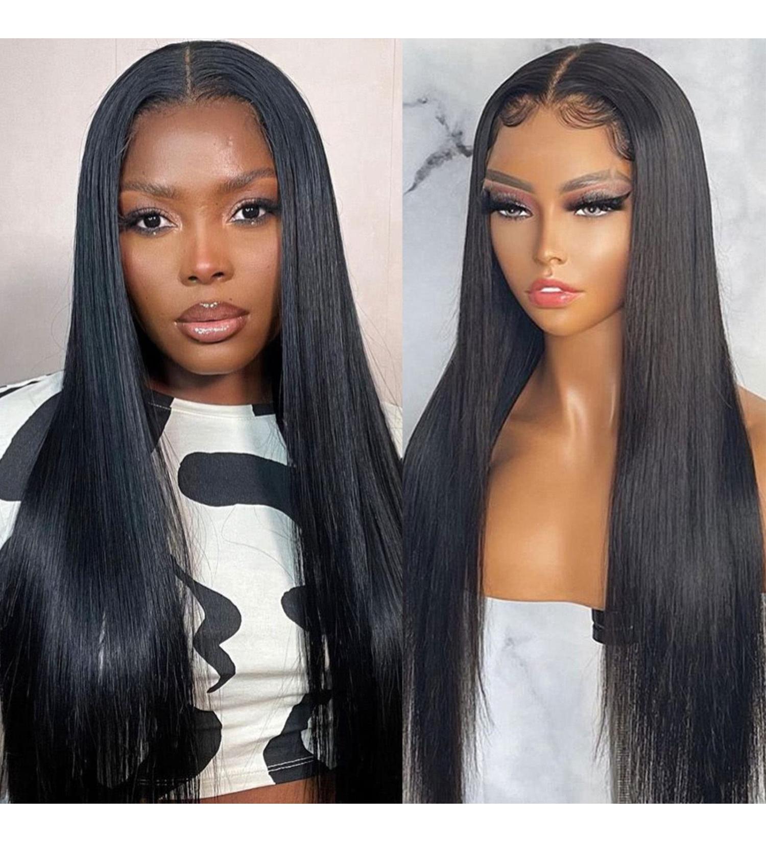 Lace Front Human Hair Wig 13x4 Straight for Black Women - Brazilian Virgin Hair, Pre Plucked, 180% Density, 22 Inch Natural Black - Buy Online on GoSupps.com