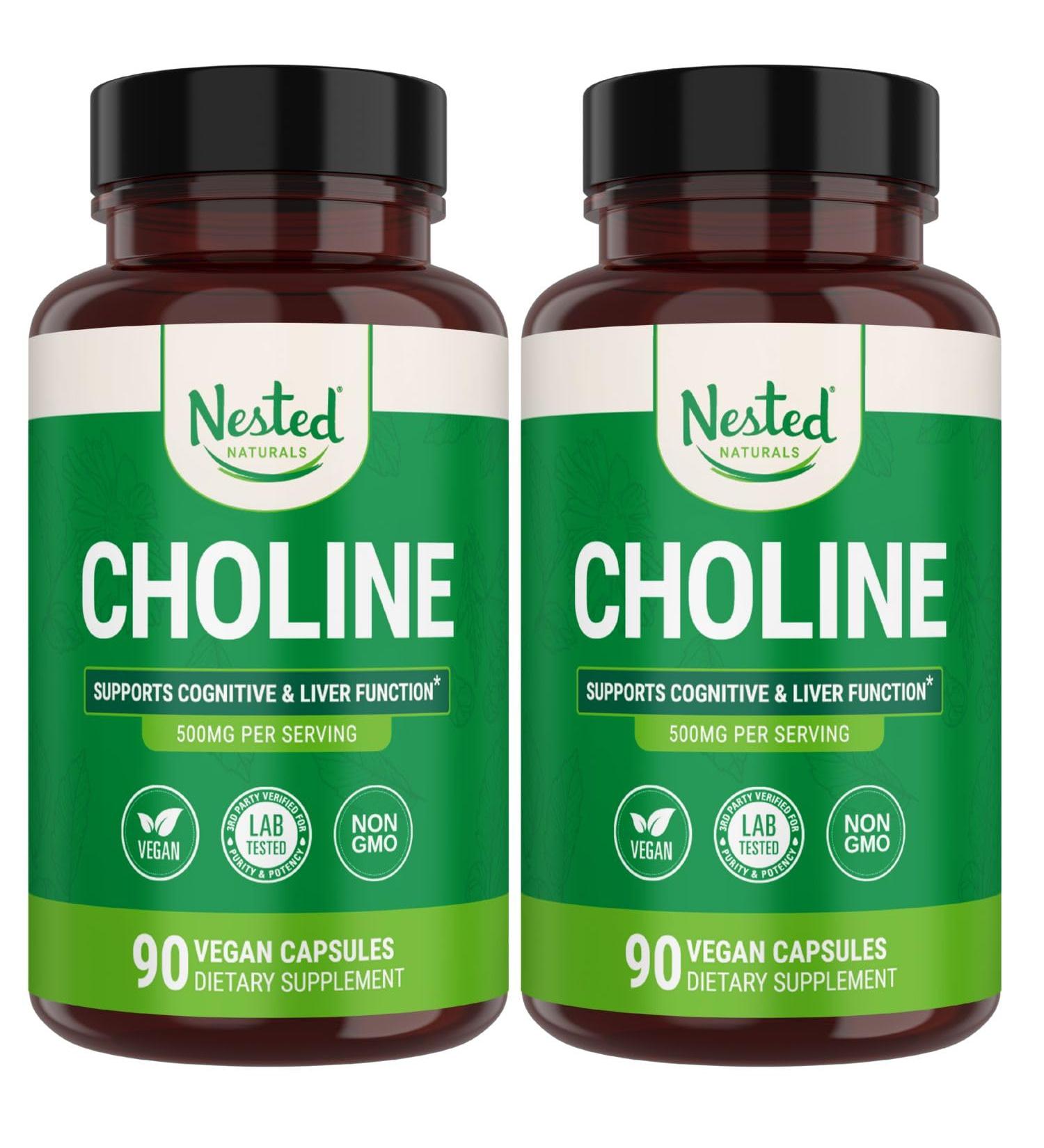 Nested Naturals Choline Bitartrate 500mg - High Potency Choline Supplements - Supports Maternal & Fetal Health During Pregnancy* - 100% Vegan & Non-GMO - 2-Pack (180 Vegan Capsules) 90 Count (Pack of 2) - Buy Online on GoSupps.com