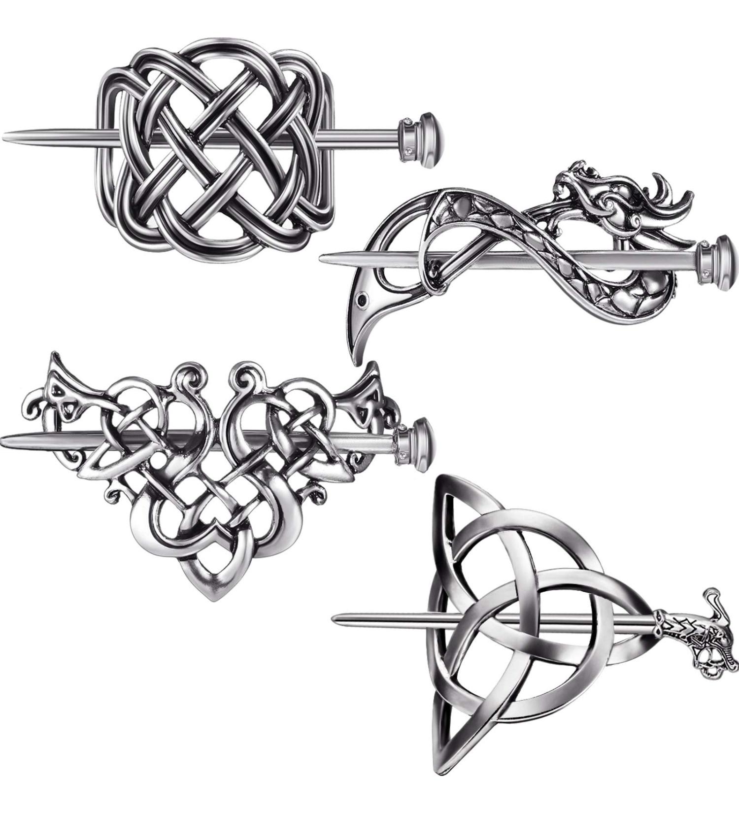Viking Celtic Hair Clips - 4 Piece Set | Retro Silver Hair Accessories for Long Hair Women - Buy Online on GoSupps.com