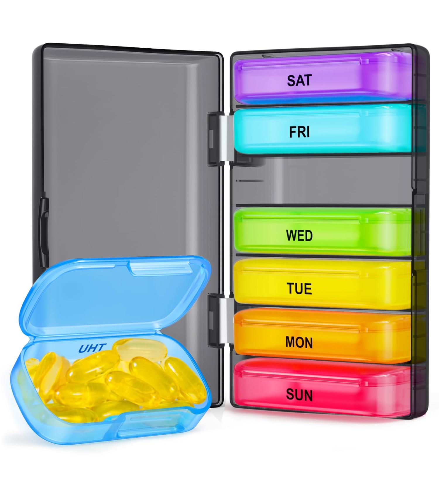 Buy XL Weekly Pill Organizer - ADERI Portable 7-Day Medicine Box - Dual Protection Easy Open Pocket-Sized for Vitamins & Fish Oils - International Shipping Available - Buy Online on GoSupps.com