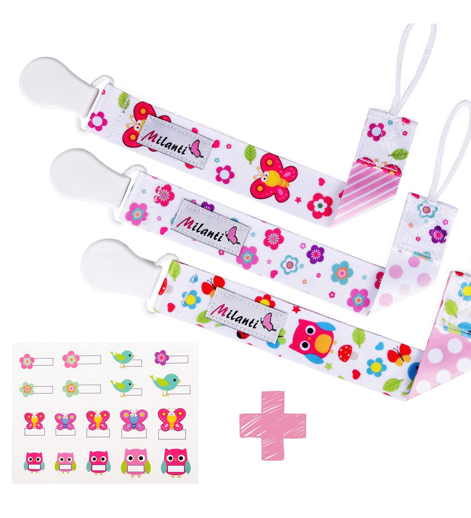 Milanti Pacifier Clip Set - 3 Clips + 18 Name Tag Labels | Universal Paci Holder for Binky Brands & Teethers | Rose & Yellow Floral Design - Unisex - Buy Online on GoSupps.com