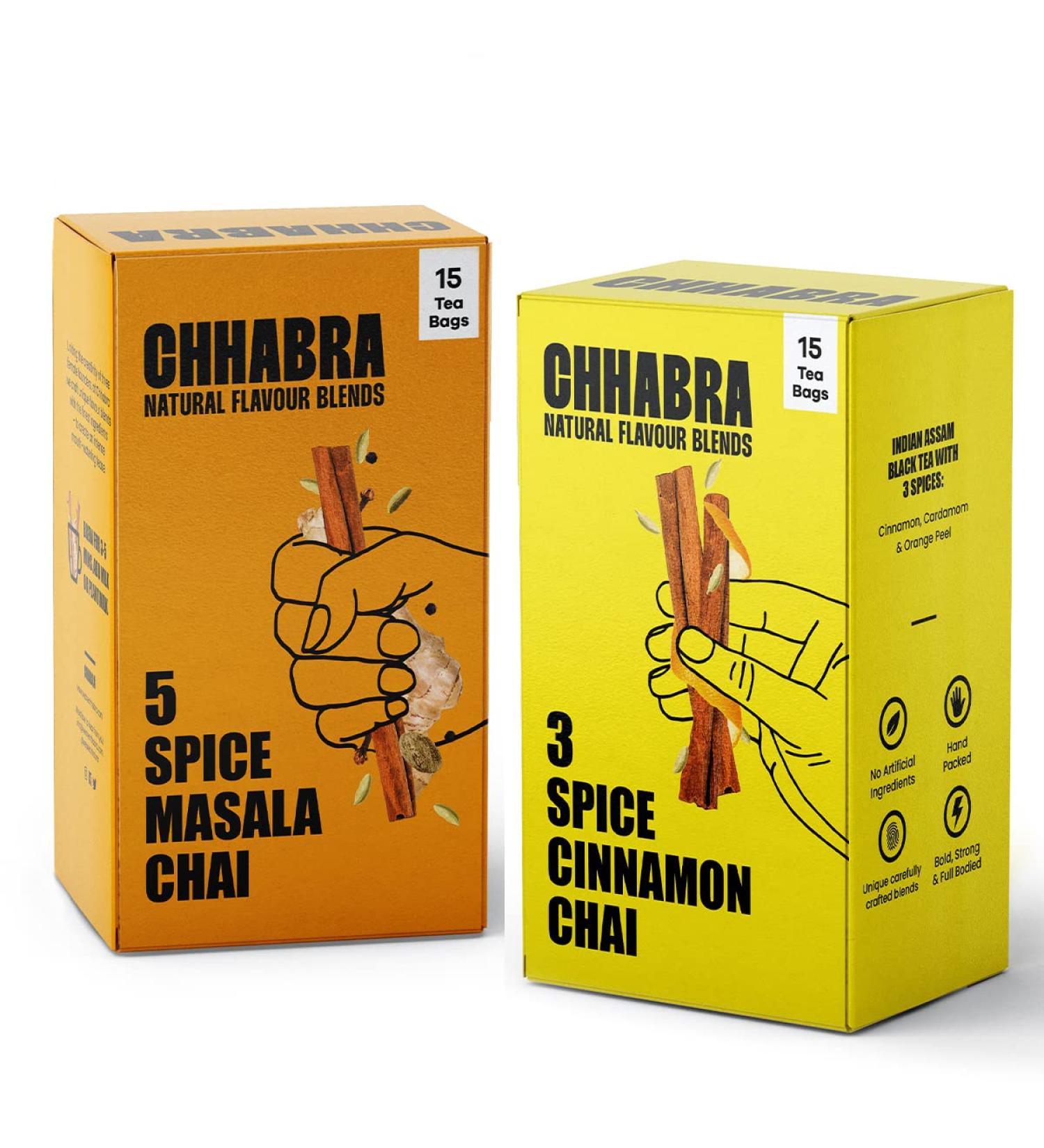 Chhabra Chai Combo Pack | Award-Winning 3 Spice Cinnamon Chai & Signature 5 Spice Masala Chai | Vegan Fair Trade Sugar-Free | Indian Assam Black Tea | Perfect for Tea Lovers | 2 x 52.5g Cartons 3 Spice Cinnamon Chai & 5 Spice Masala Chai Pack of 2 - Buy Online on GoSupps.com