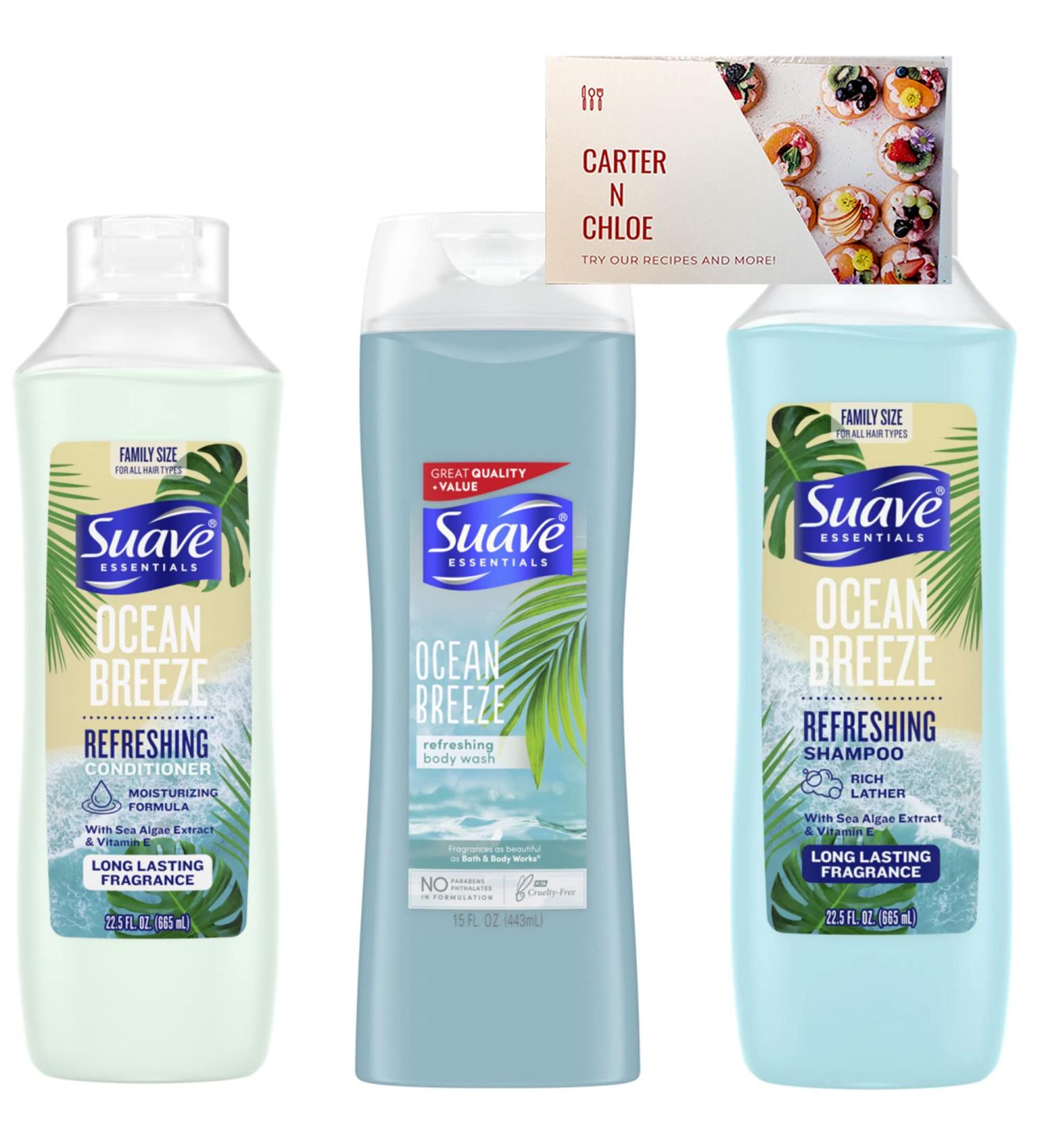 Suave- Essentials Ocean Breeze Refreshing Shampoo 22.5 fl oz Suave- Essentials Ocean Breeze Conditioner 22.5 FL OZ and Suave- Essentials Ocean Breeze Body Wash 15 fl oz with Carter recipe card