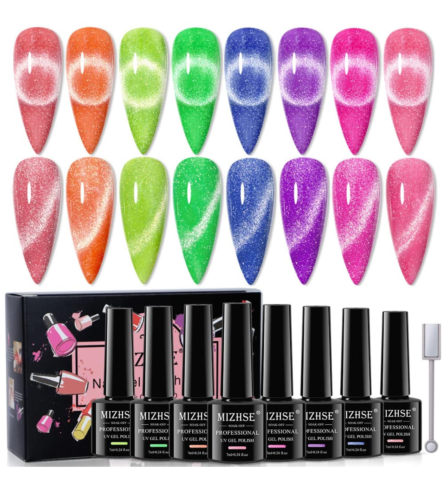 MIZHSE Neon Reflective Cat Eye Gel Nail Polish Set - Fluorescent Glitter Magnetic Neon Gel Varnish - Buy Online on GoSupps.com
