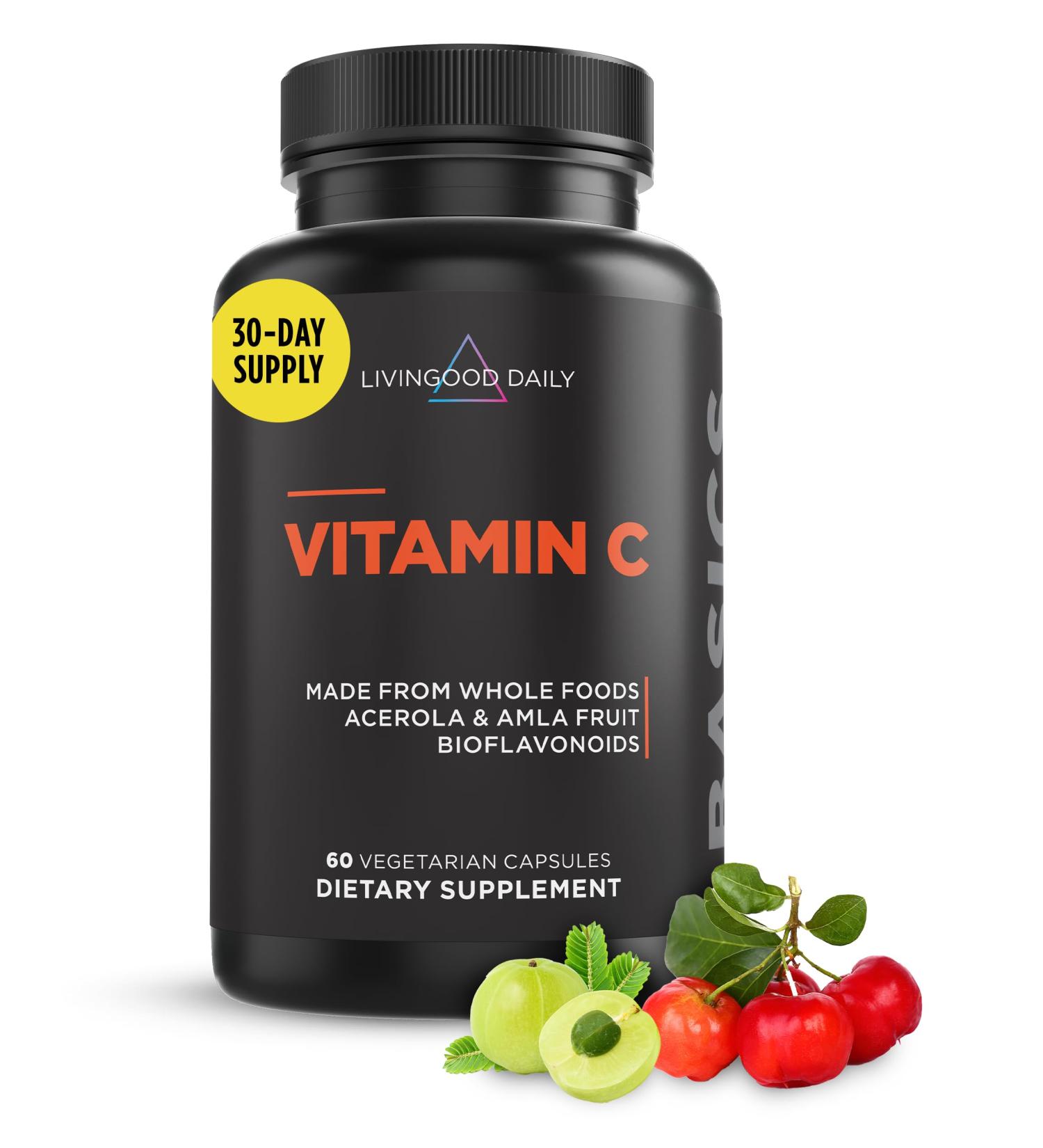 Livingood Daily Vitamin C Supplement 3-in-1 Whole Food-Based Vitamin C with Acerola & Amla Fruit Extracts and Citrus Bioflavonoids for Immune Support Vegan Gluten Free Non GMO 60 Capsules - Buy Online on GoSupps.com