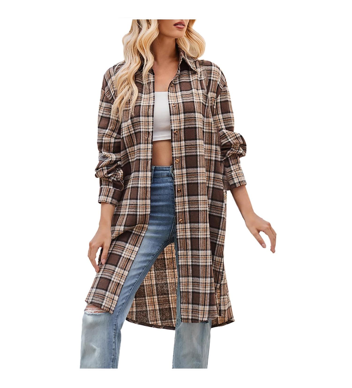 Women's Casual Lapel Button Down Long Plaid Shirt Coat 2023 Fall Styles Women Plaid Trench Coats Cardigans Thin Coffee#61 Small - Buy Online on GoSupps.com
