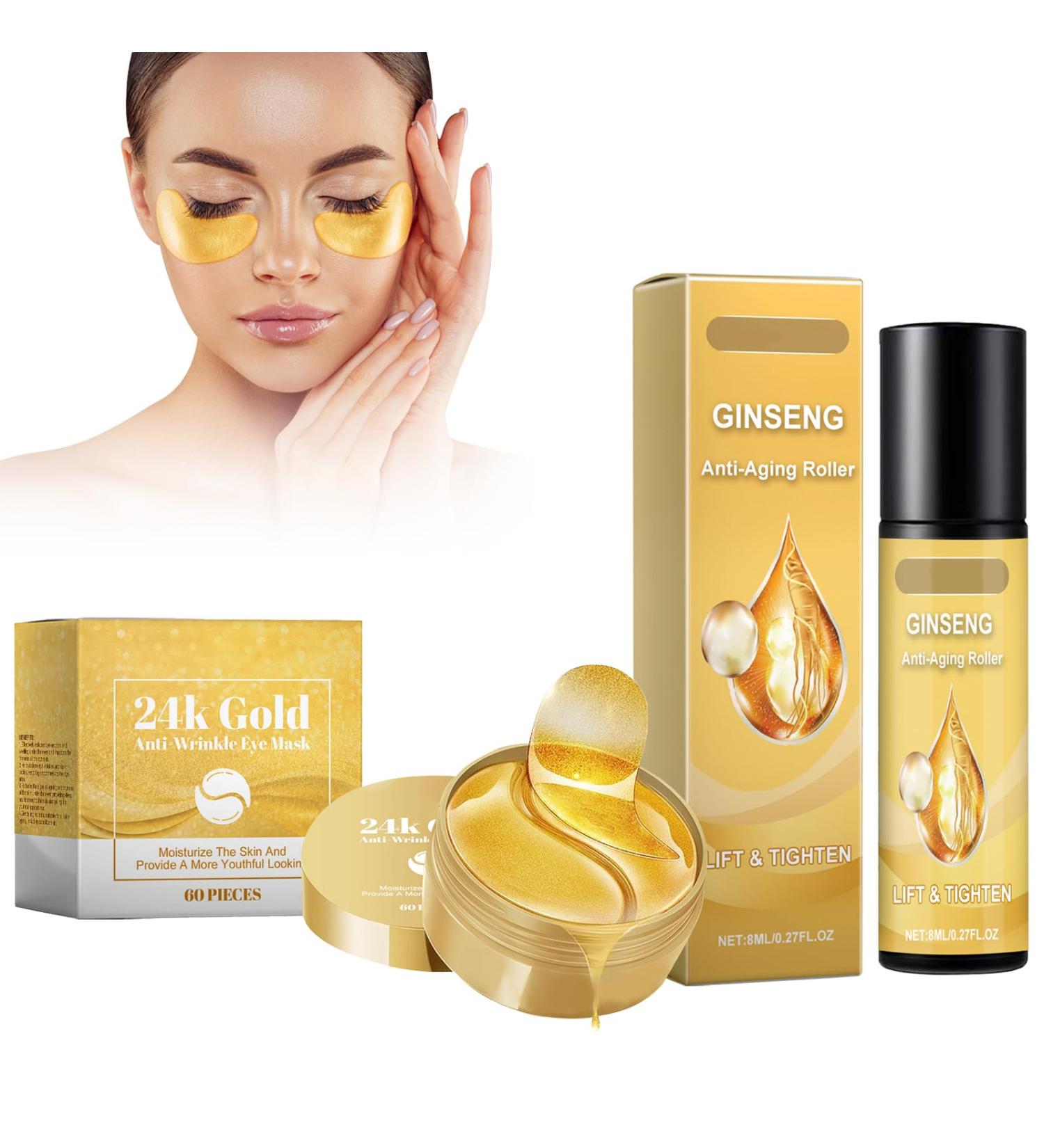 Lot de 60 rouleaux anti- ge raffermissant et anti-rides - Masque pour les yeux - 8 ml d'huile pour le visage - S rum anti- ge - Anti-cernes - Or 24 carats - Raffermissement de la peau - R duit les - Buy Online on GoSupps.com