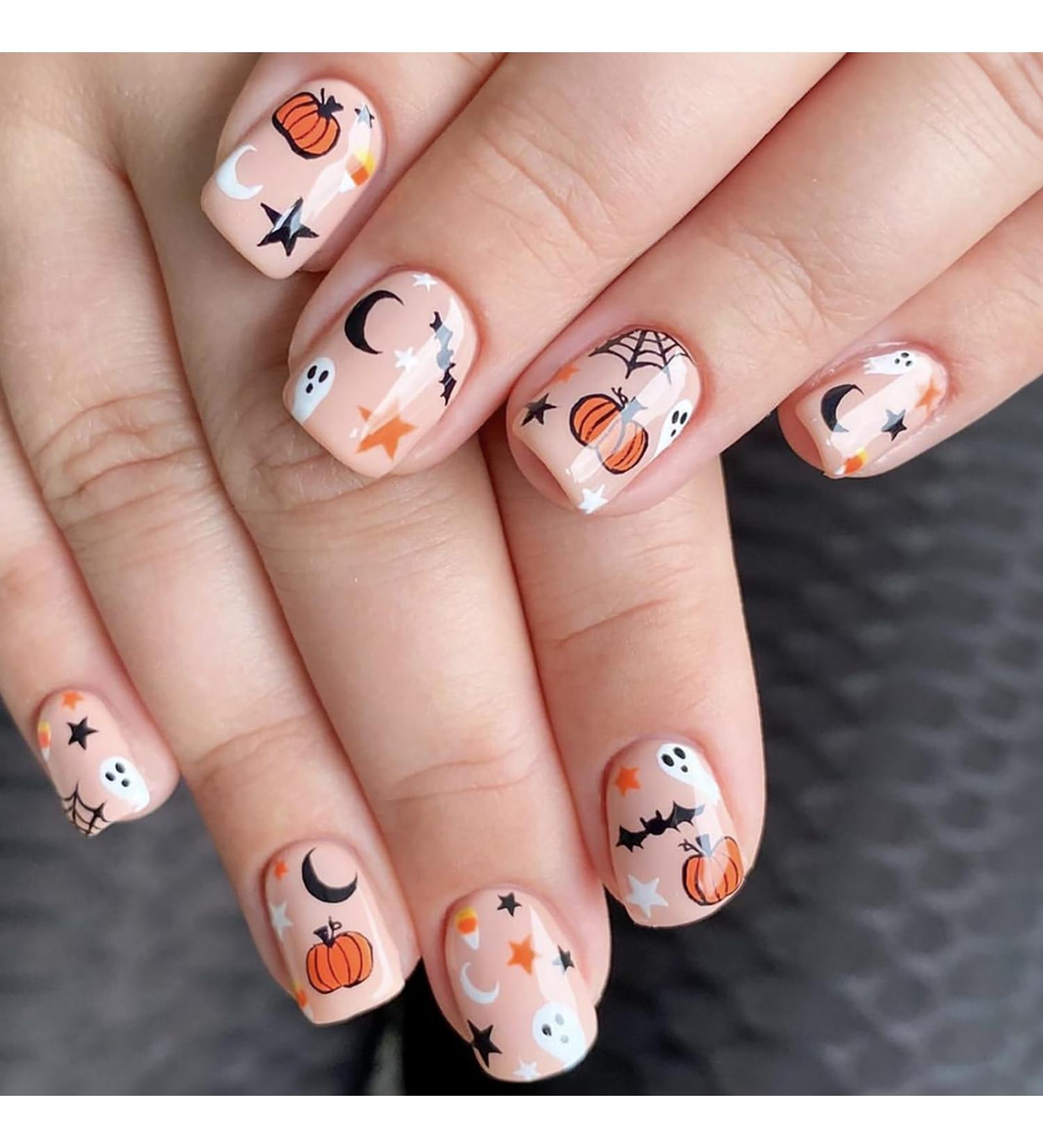 Spooky Halloween Press On Nails - Short Square Acrylic Nails with Ghost Pumpkin Bat & Gothic Designs | Full Cover False Nails for Women & Girls - Buy Online on GoSupps.com