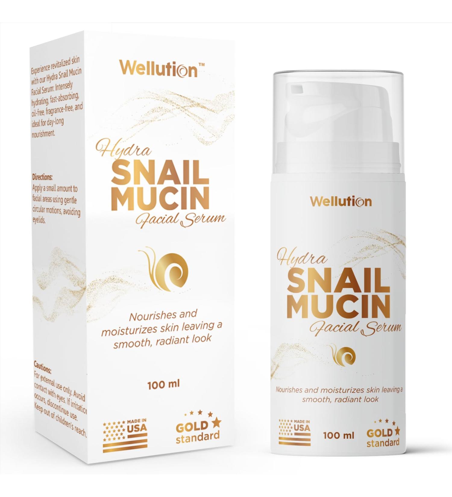 WELLUTION Snail Mucin Hydra Facial Serum - Hydrating Hyaluronic Acid & Aloe Vera - Korean Skincare - 3.4oz - International Shipping Available - Buy Online on GoSupps.com