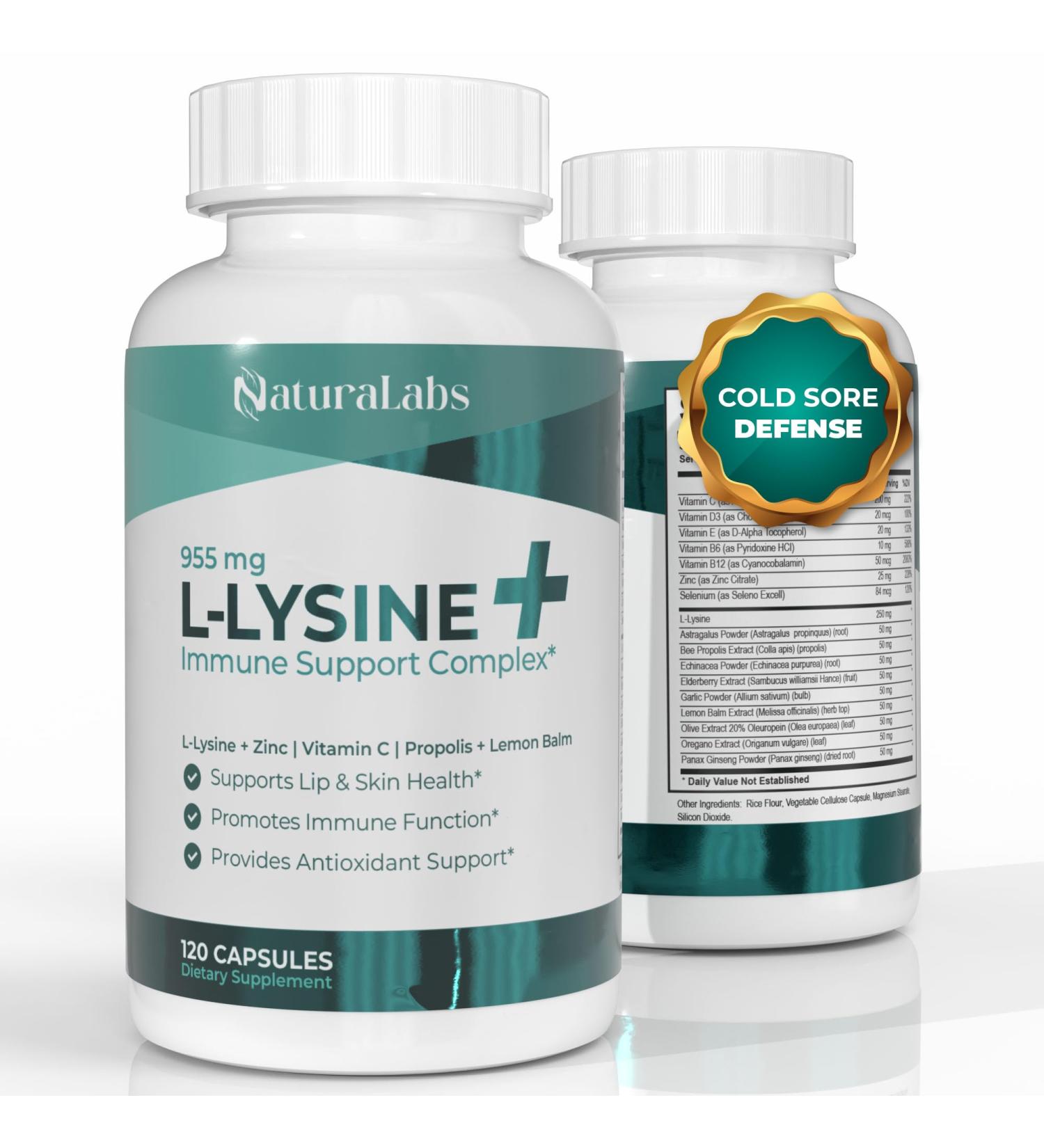 NATURALABS L-Lysine + Cold Sore Immune Support Complex with Vitamin C Zinc Bee Propolis Lemon Balm & 9-in-1 Herbal Complex Promotes Lip & Skin Health Antioxidant Immune Formula 120 Ct - Buy Online on GoSupps.com
